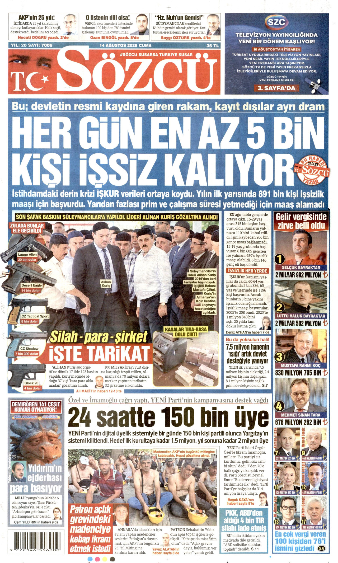 Sözcü Gazetesi Manşeti - 1 Eylül 2026 Birinci Sayfa