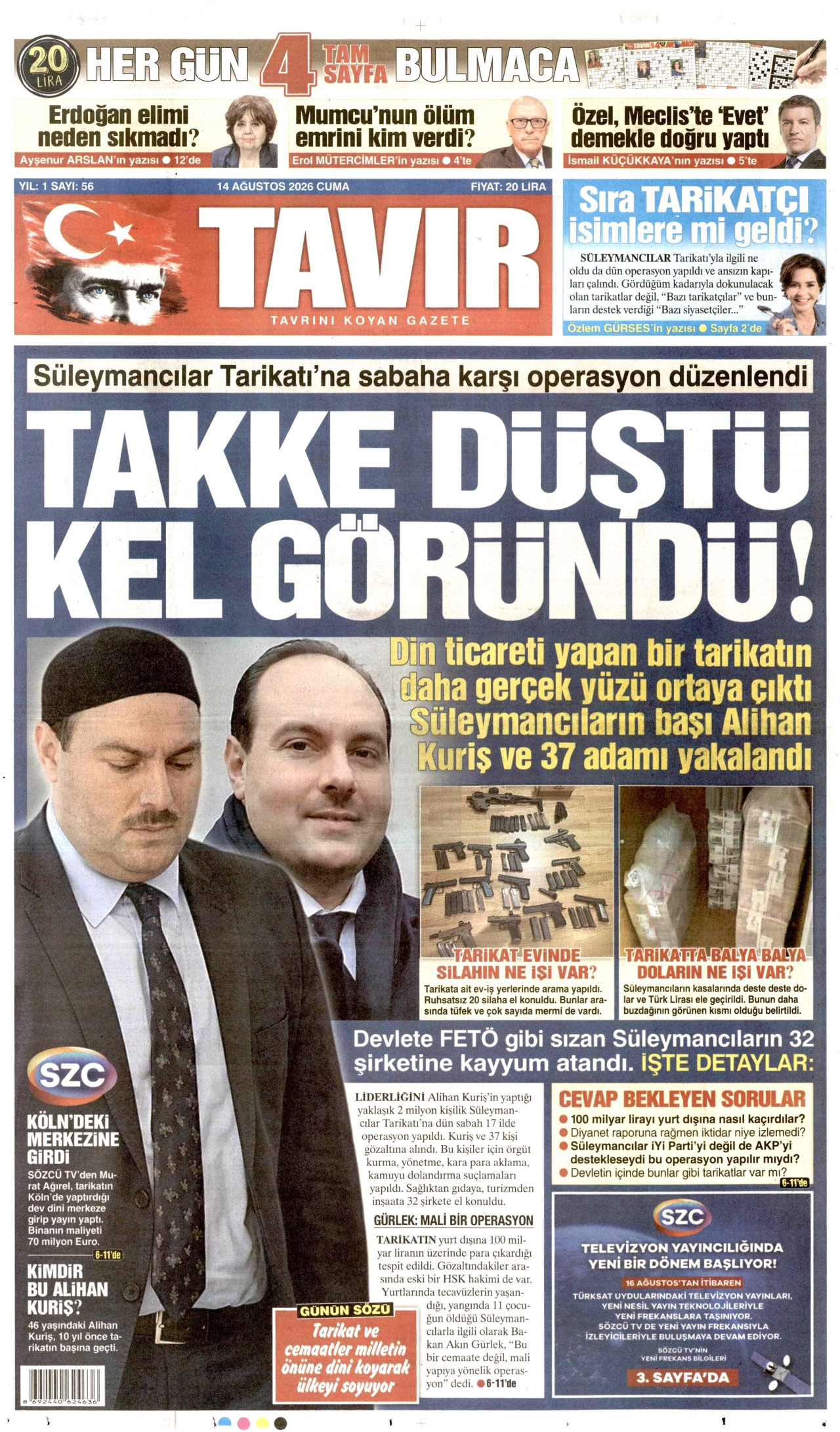 Tavır Gazetesi Gazetesi Manşeti - 14 Ağustos 2026 Birinci Sayfa