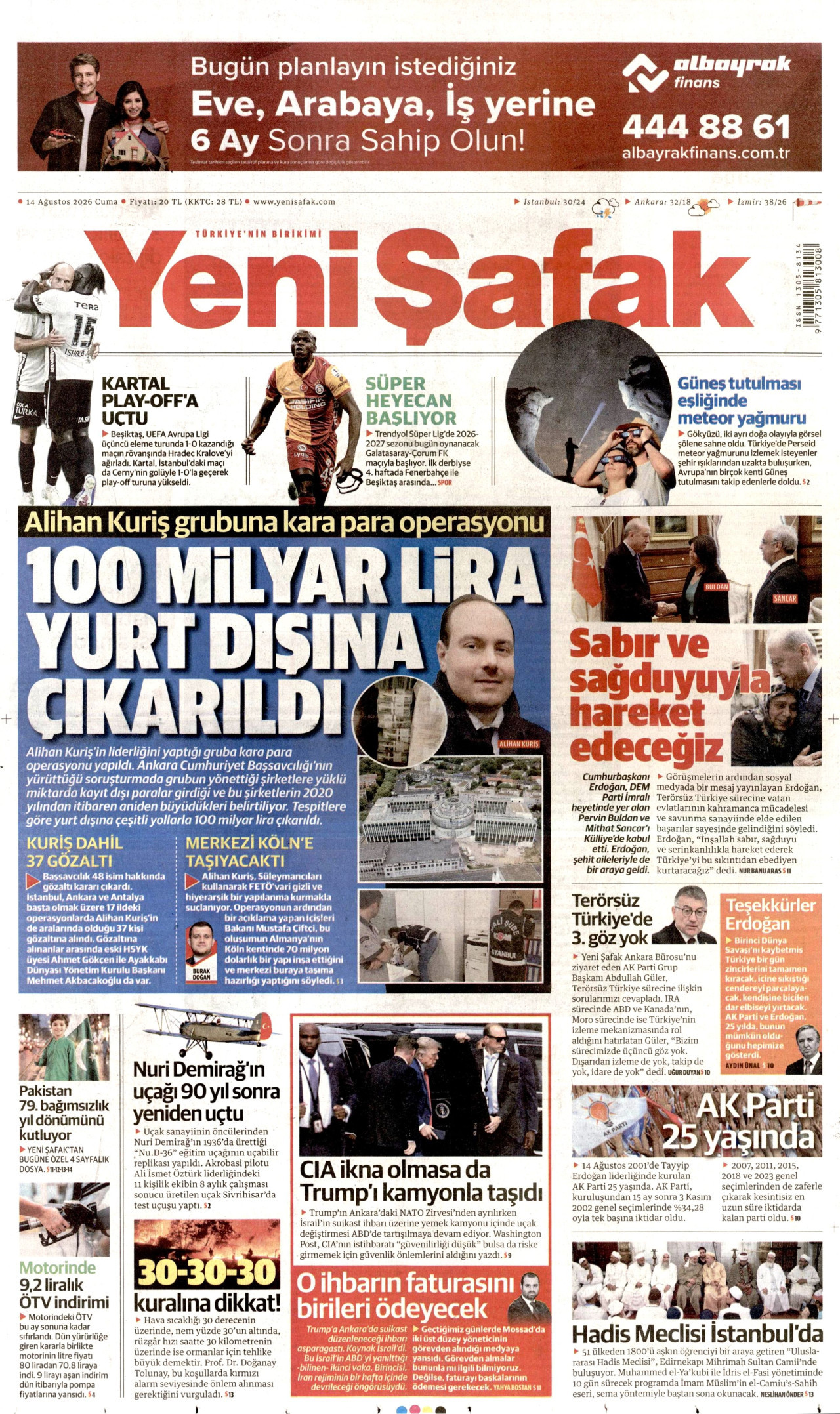 Yeni Şafak Gazetesi Manşeti - 14.08.2026