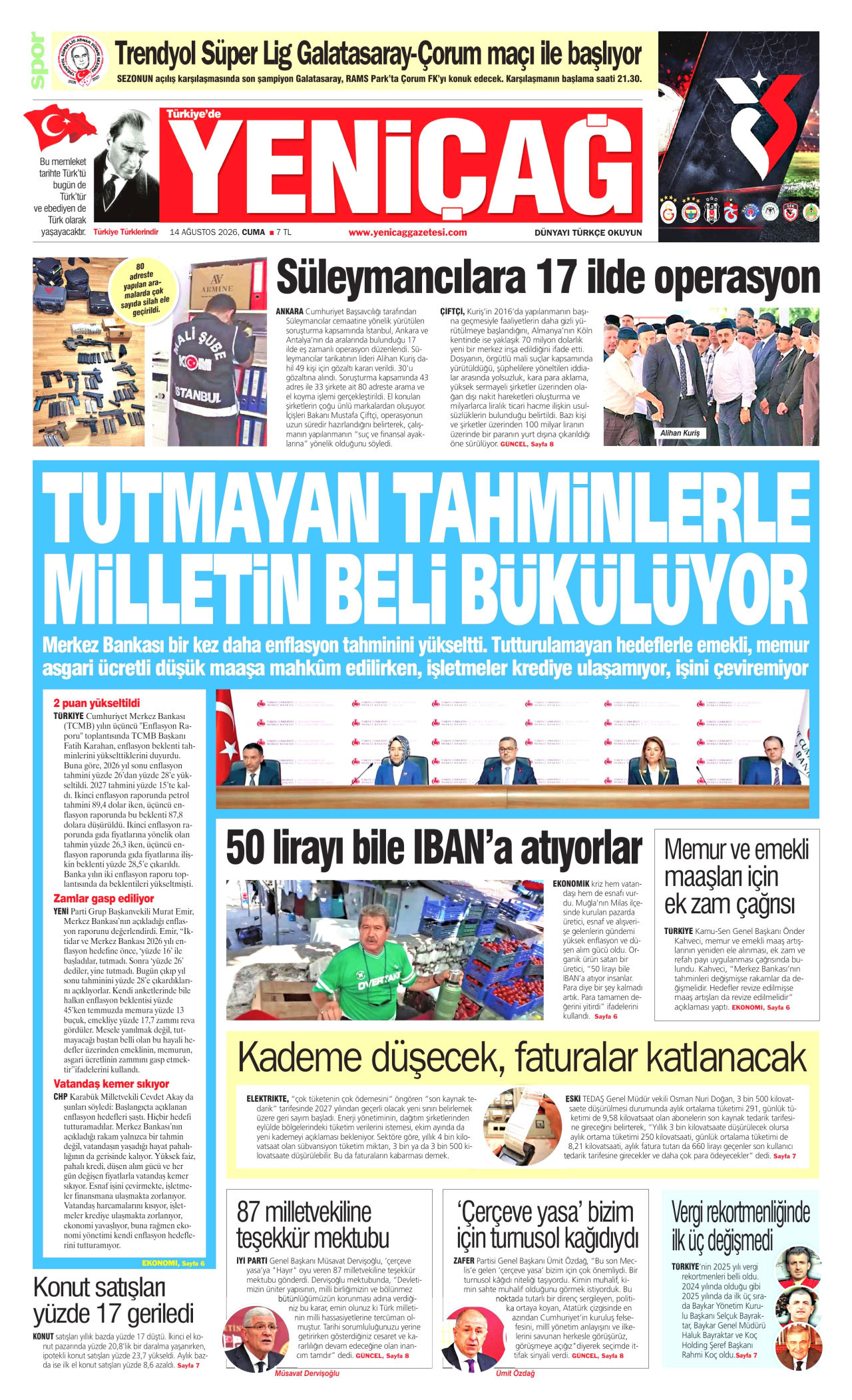 Yeniçağ Gazetesi Manşeti - 14 Ağustos 2026 Birinci Sayfa