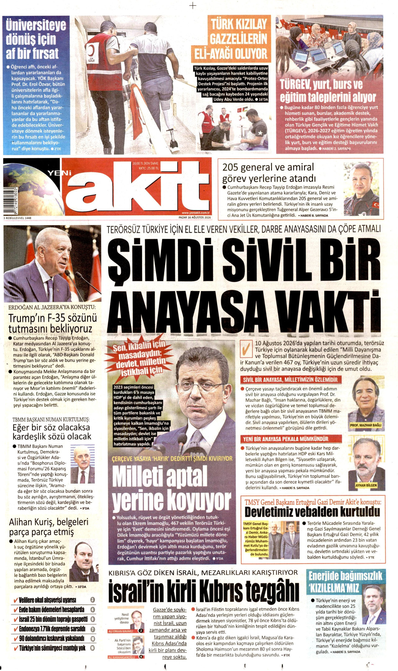 Yeni Akit Gazetesi Manşeti - 16 Ağustos 2026 Birinci Sayfa