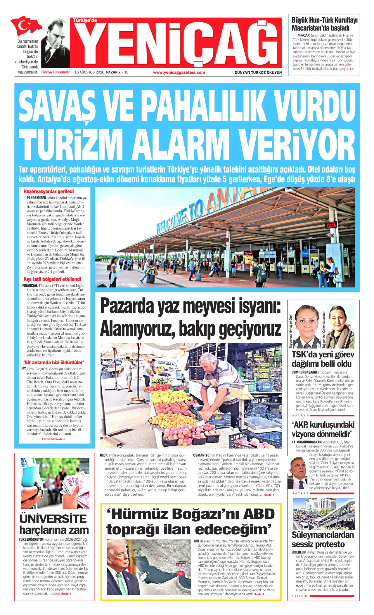 Yeniçağ Gazetesi Manşeti - 16 Ağustos 2026 Birinci Sayfa