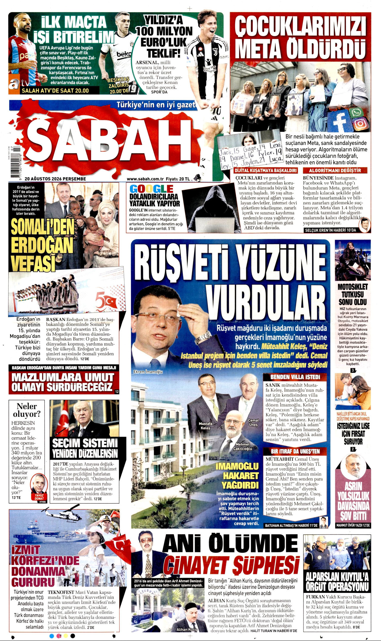 Sabah Gazetesi Manşeti - 20 Ağustos 2026 Birinci Sayfa