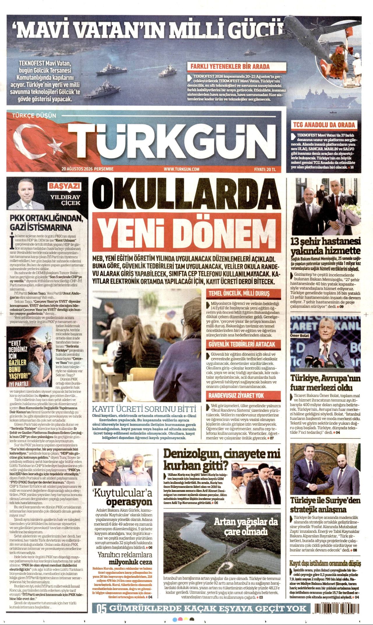 Türkgün Gazetesi Manşeti - 20 Ağustos 2026 Birinci Sayfa
