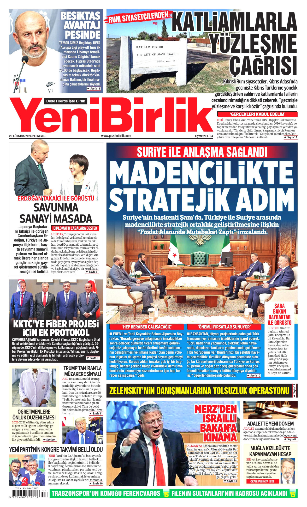 YeniBirlik Gazetesi Manşeti - 26 Ağustos 2026 Birinci Sayfa