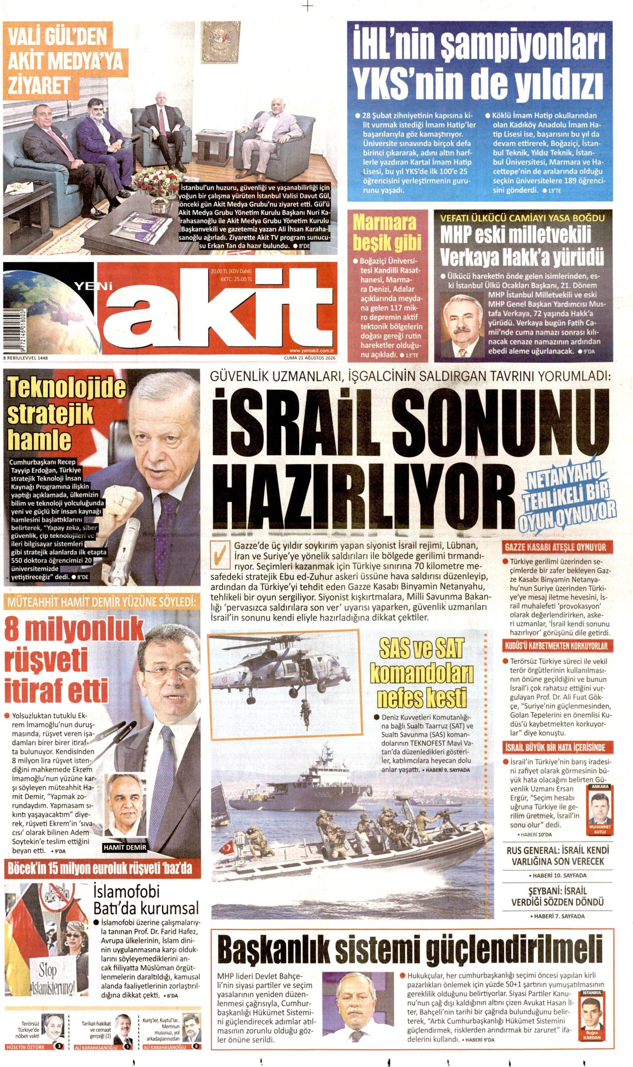 Yeni Akit Gazetesi Manşeti - 21.08.2026