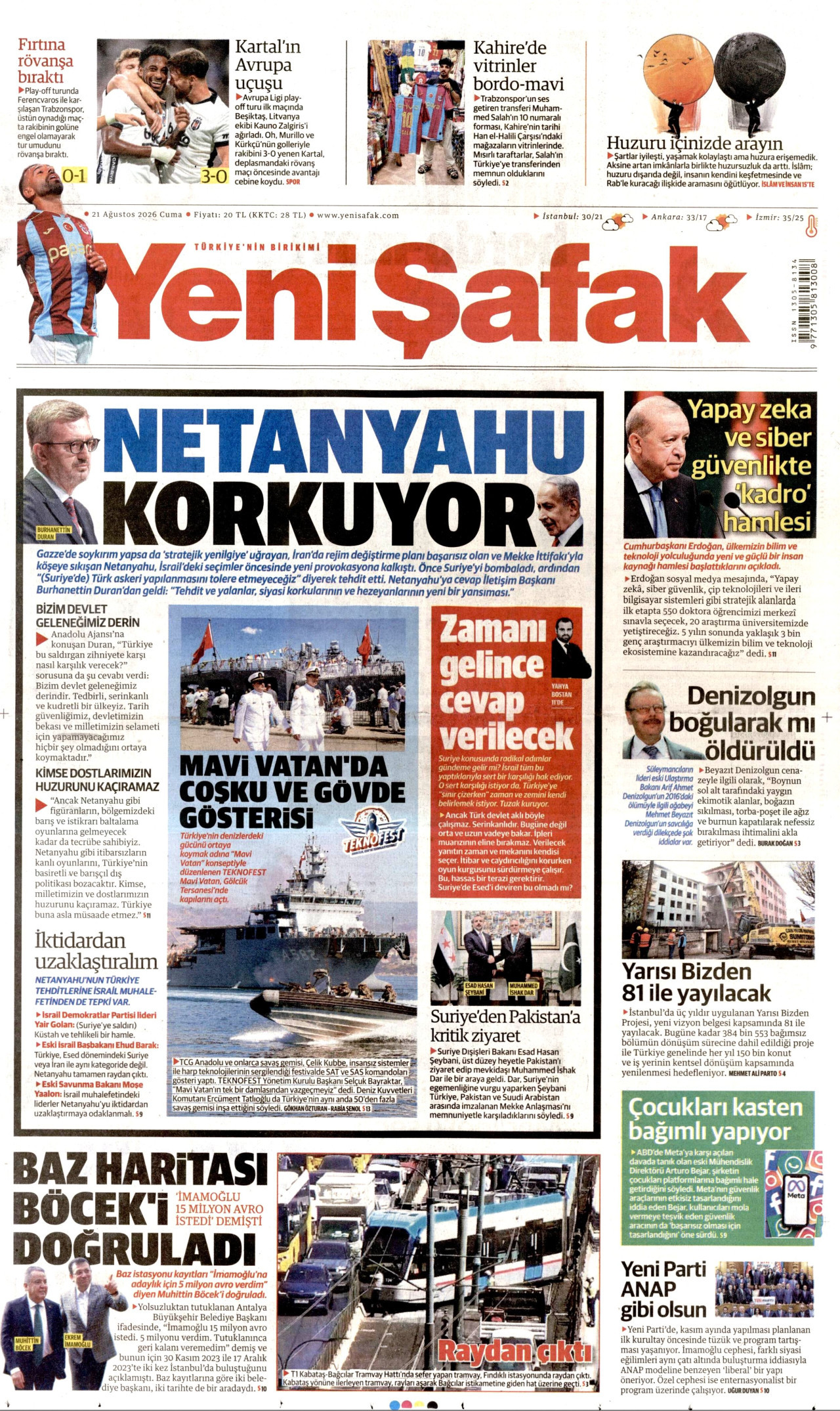 Yeni Şafak Gazetesi Manşeti - 21 Ağustos 2026 Birinci Sayfa