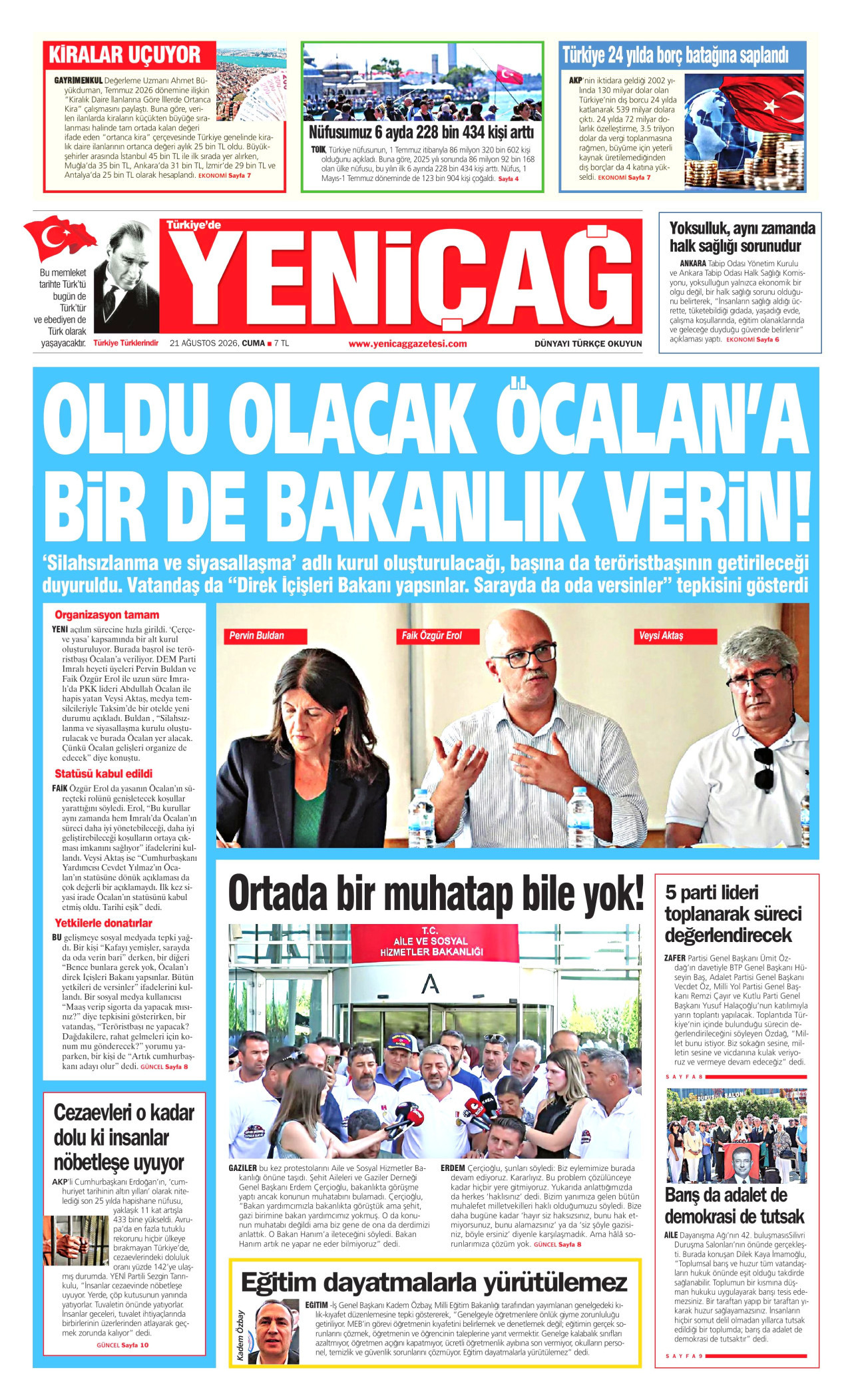 Yeniçağ Gazetesi Manşeti - 21 Ağustos 2026 Birinci Sayfa