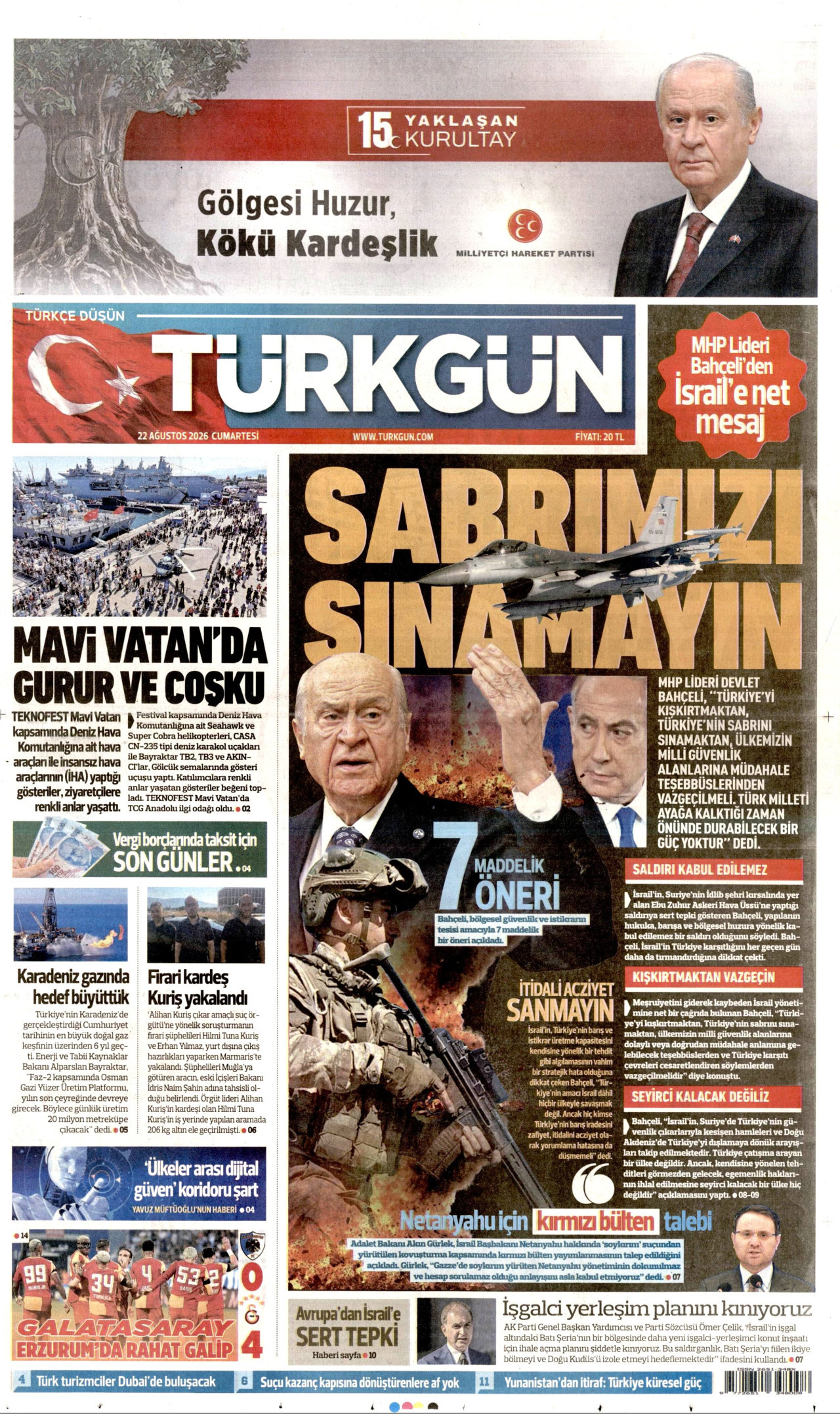 Türkgün Gazetesi Manşeti - 22 Ağustos 2026 Birinci Sayfa