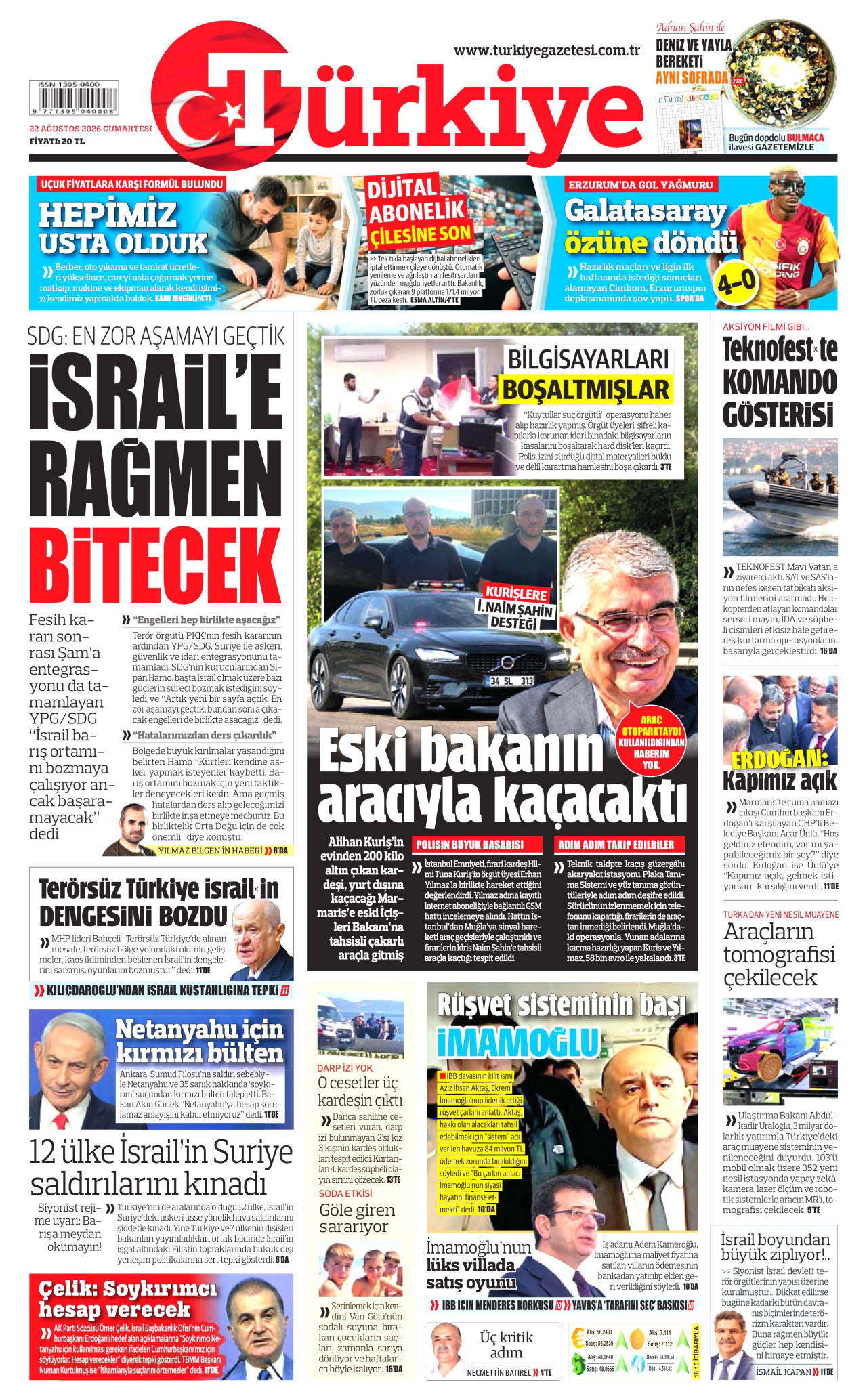Türkiye Gazetesi Gazetesi Manşeti - 22 Ağustos 2026 Birinci Sayfa