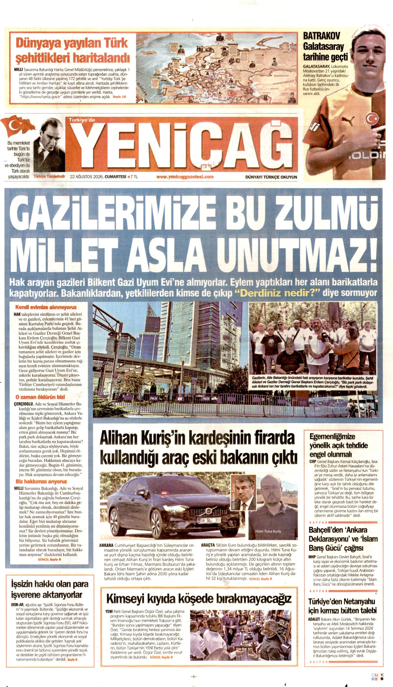 Yeniçağ Gazetesi Manşeti - 22 Ağustos 2026 Birinci Sayfa