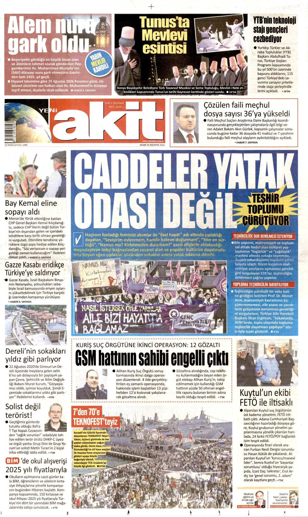 Yeni Akit Gazetesi Manşeti - 23 Ağustos 2026 Birinci Sayfa