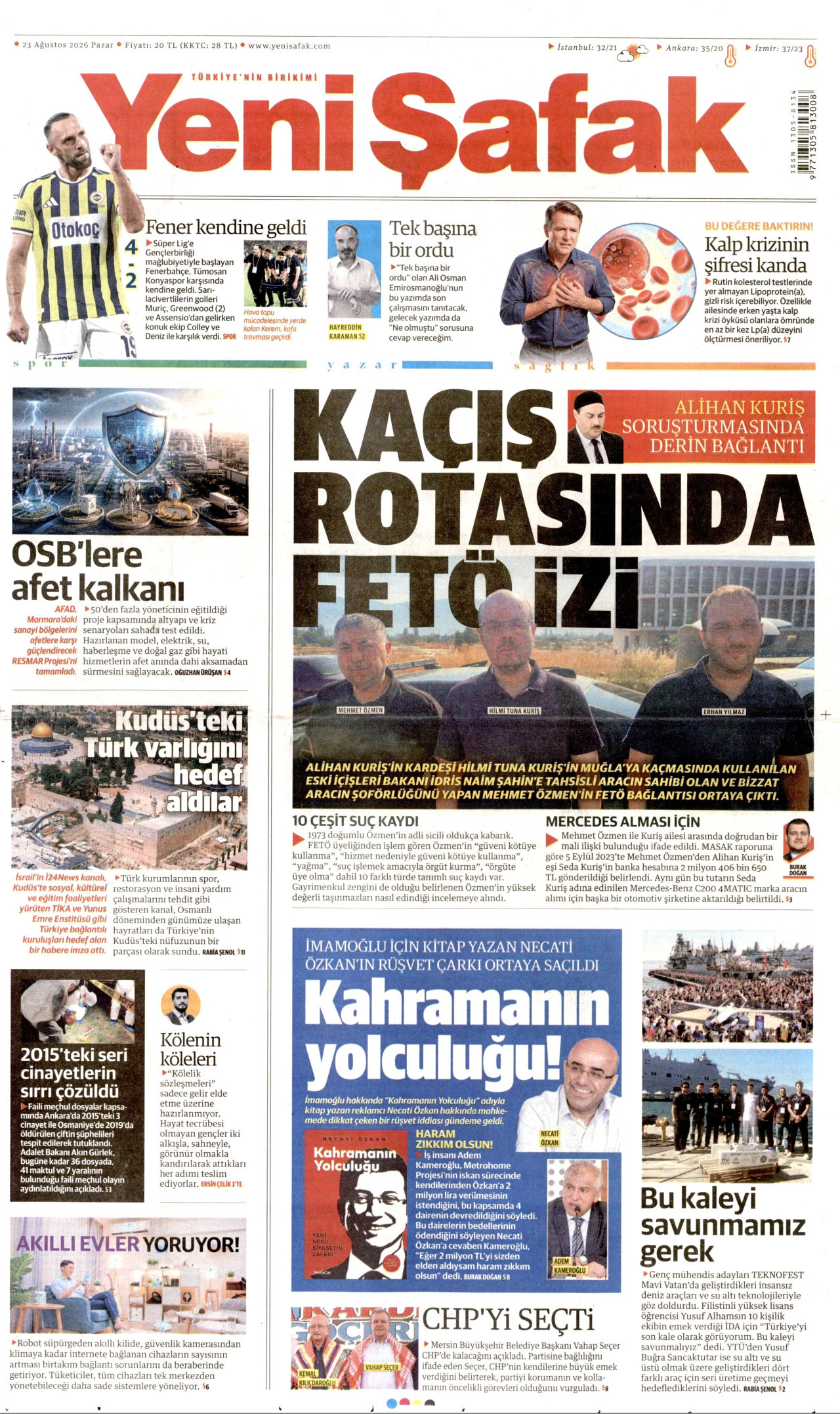 Yeni Şafak Gazetesi Manşeti - 23 Ağustos 2026 Birinci Sayfa