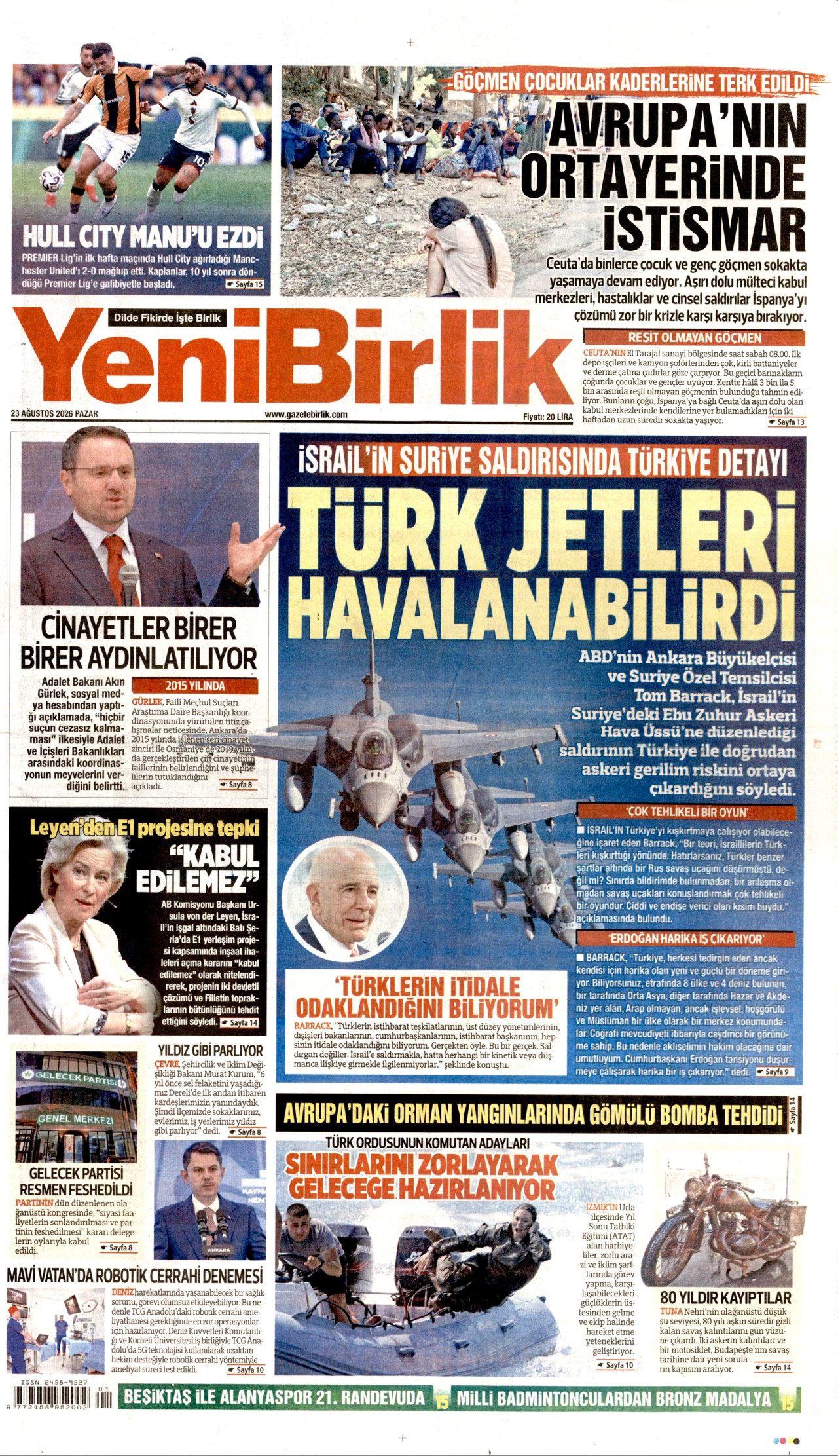 YeniBirlik Gazetesi Manşeti - 23 Ağustos 2026 Birinci Sayfa