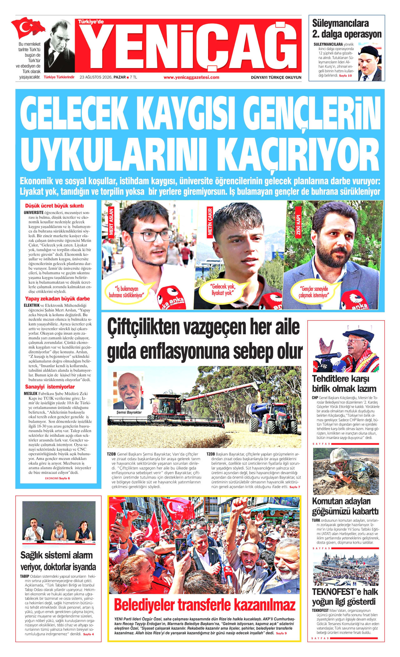 Yeniçağ Gazetesi Manşeti - 23 Ağustos 2026 Birinci Sayfa