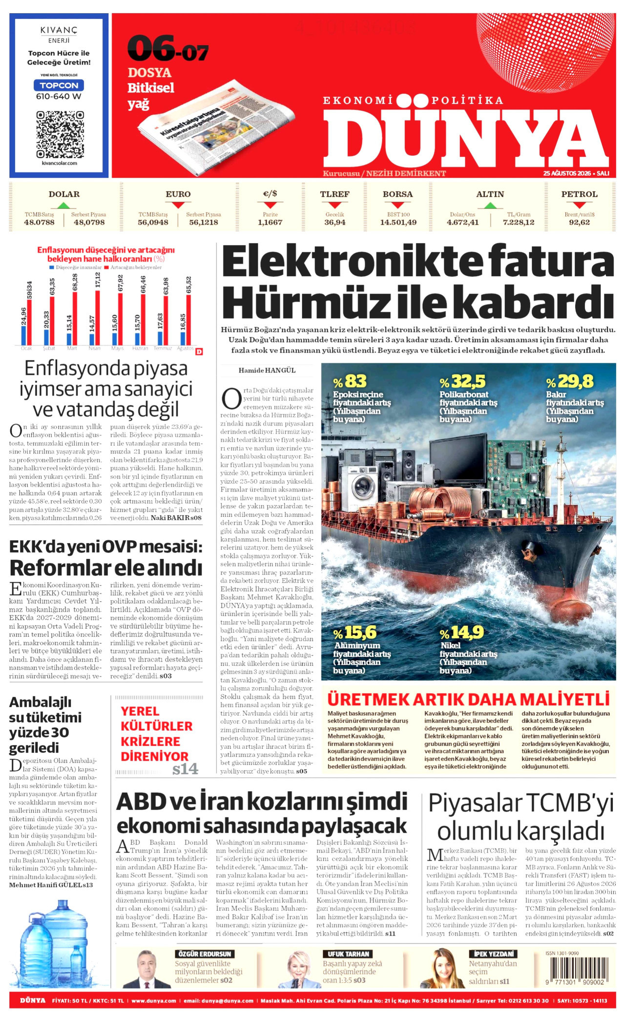 Dünya Gazetesi Manşeti - 25 Ağustos 2026 Birinci Sayfa