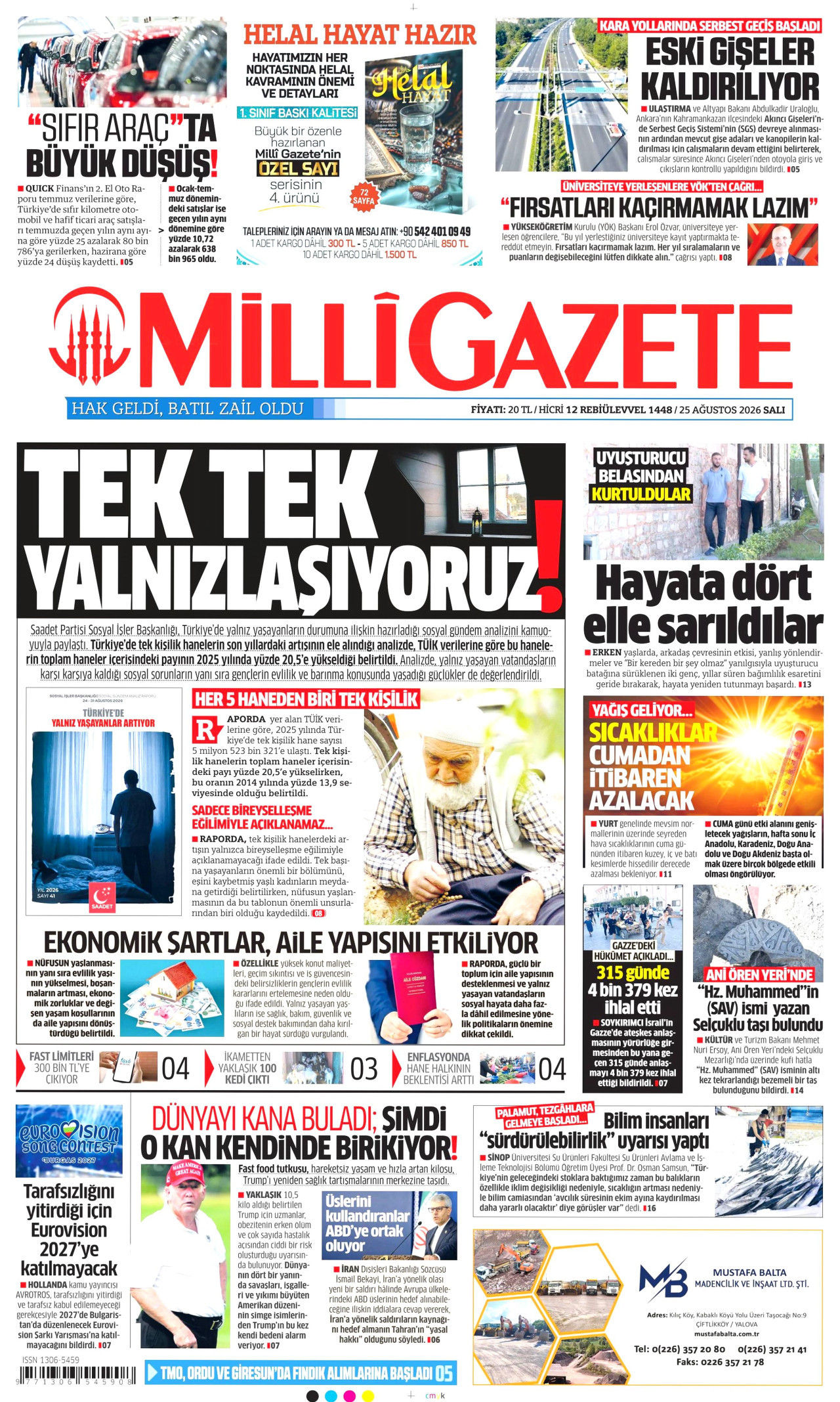 Milli Gazete Gazetesi Manşeti - 25 Ağustos 2026 Birinci Sayfa