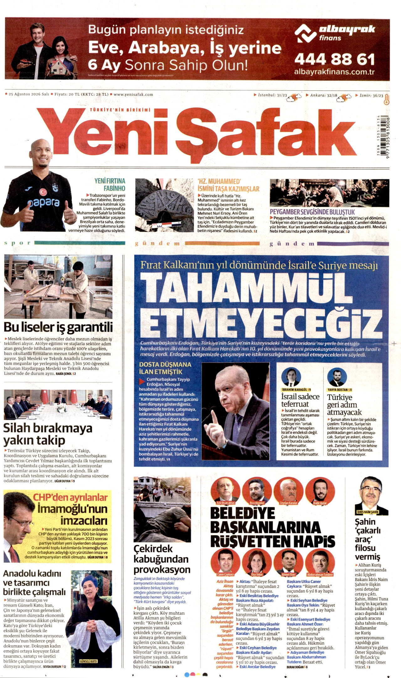 Yeni Şafak Gazetesi Manşeti - 25 Ağustos 2026 Birinci Sayfa