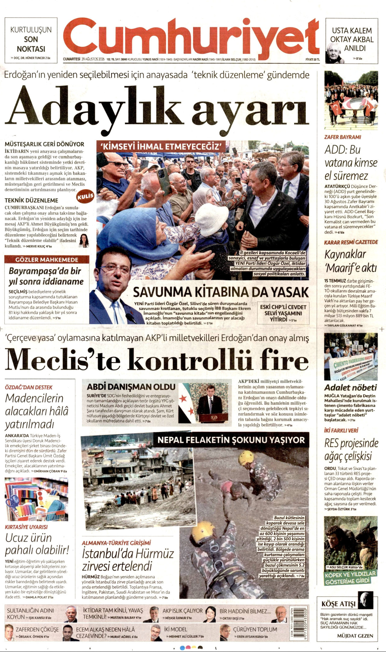 Cumhuriyet Gazetesi Manşeti - 29 Ağustos 2026 Birinci Sayfa