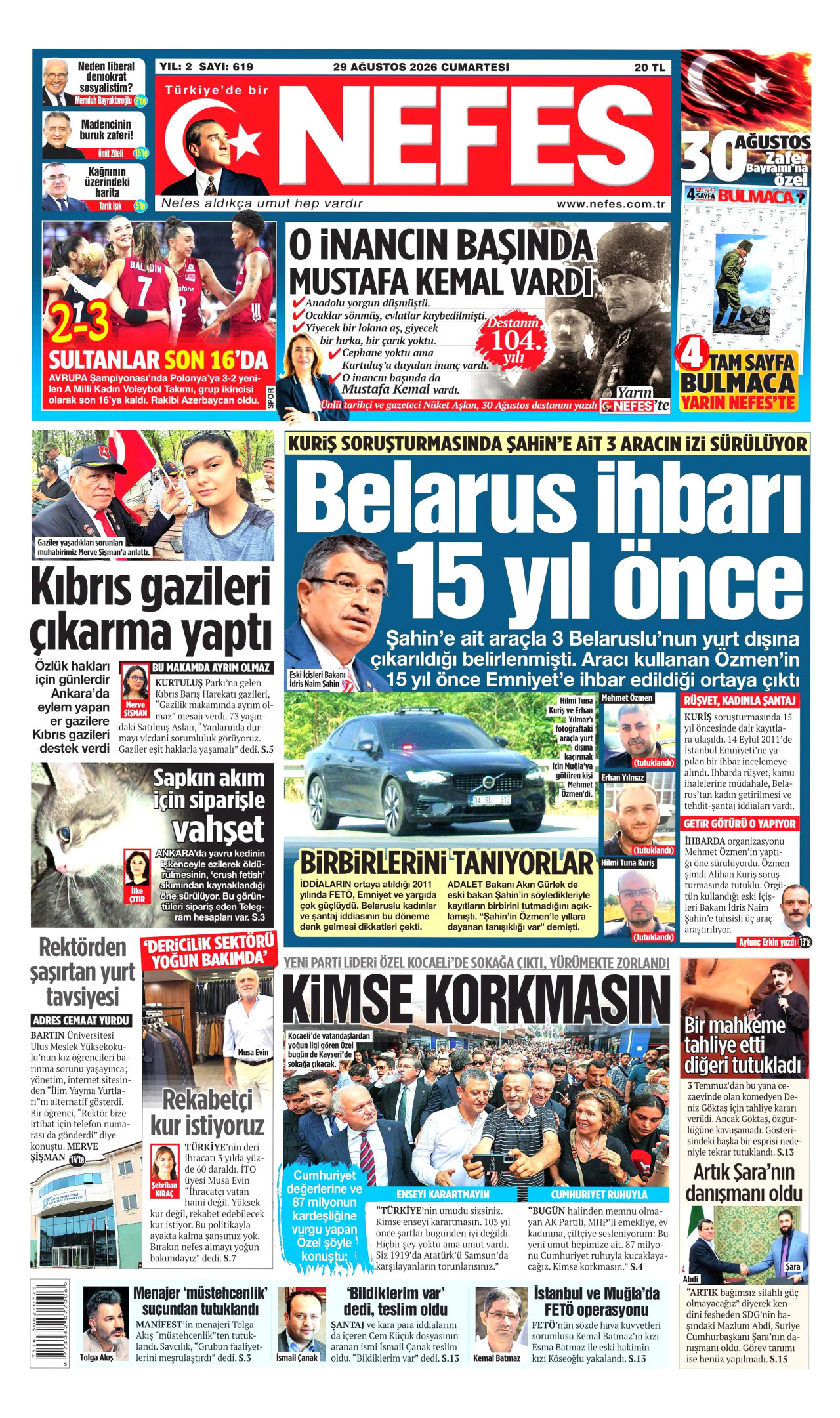 Nefes Gazetesi Manşeti - 29 Ağustos 2026 Birinci Sayfa