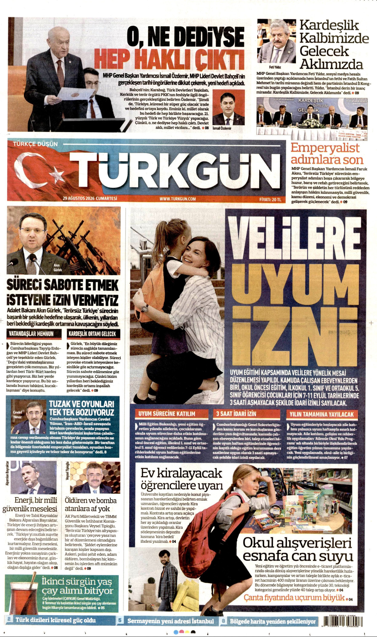 Türkgün Gazetesi Manşeti - 29.08.2026