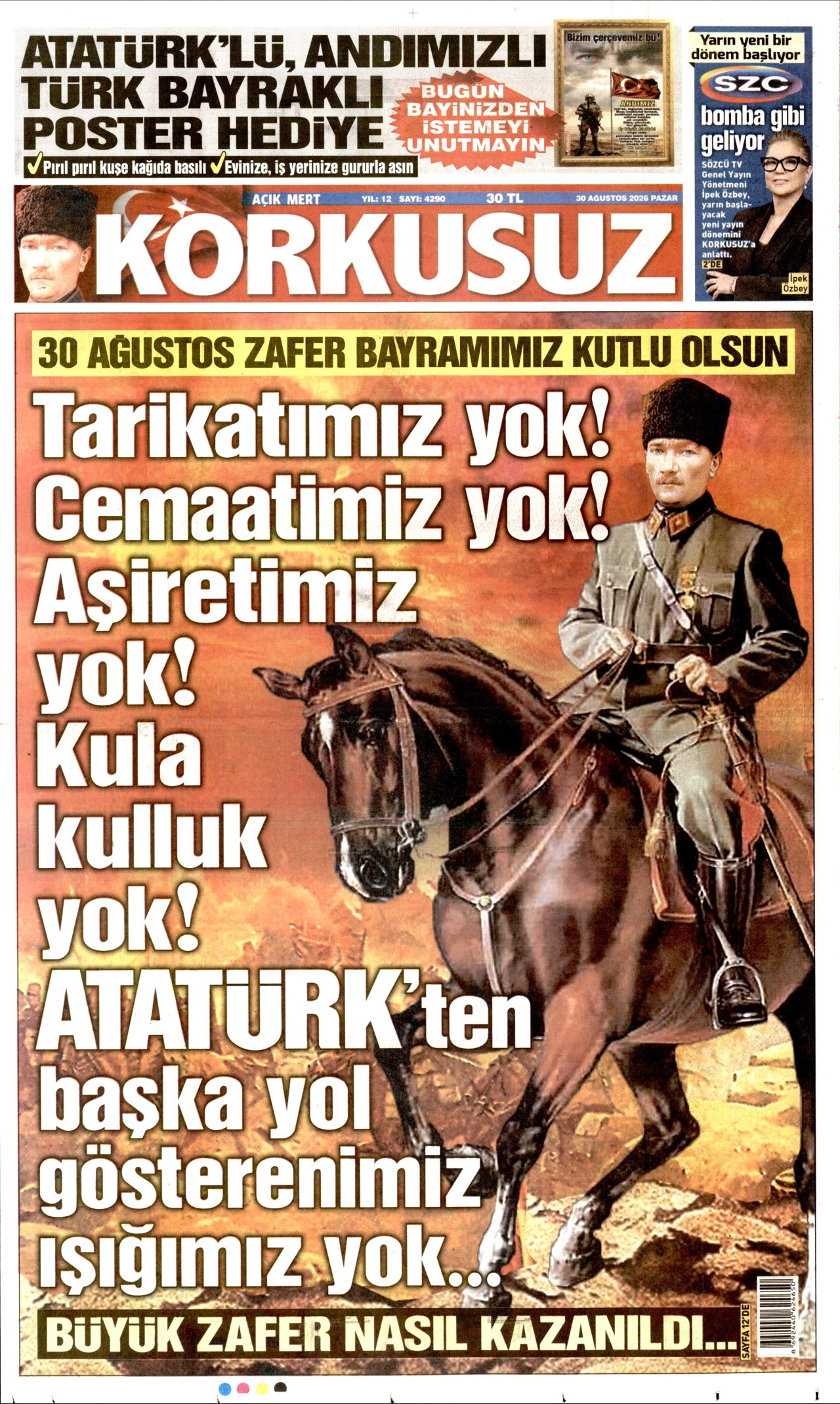 Korkusuz Gazetesi Manşeti - 30 Ağustos 2026 Birinci Sayfa
