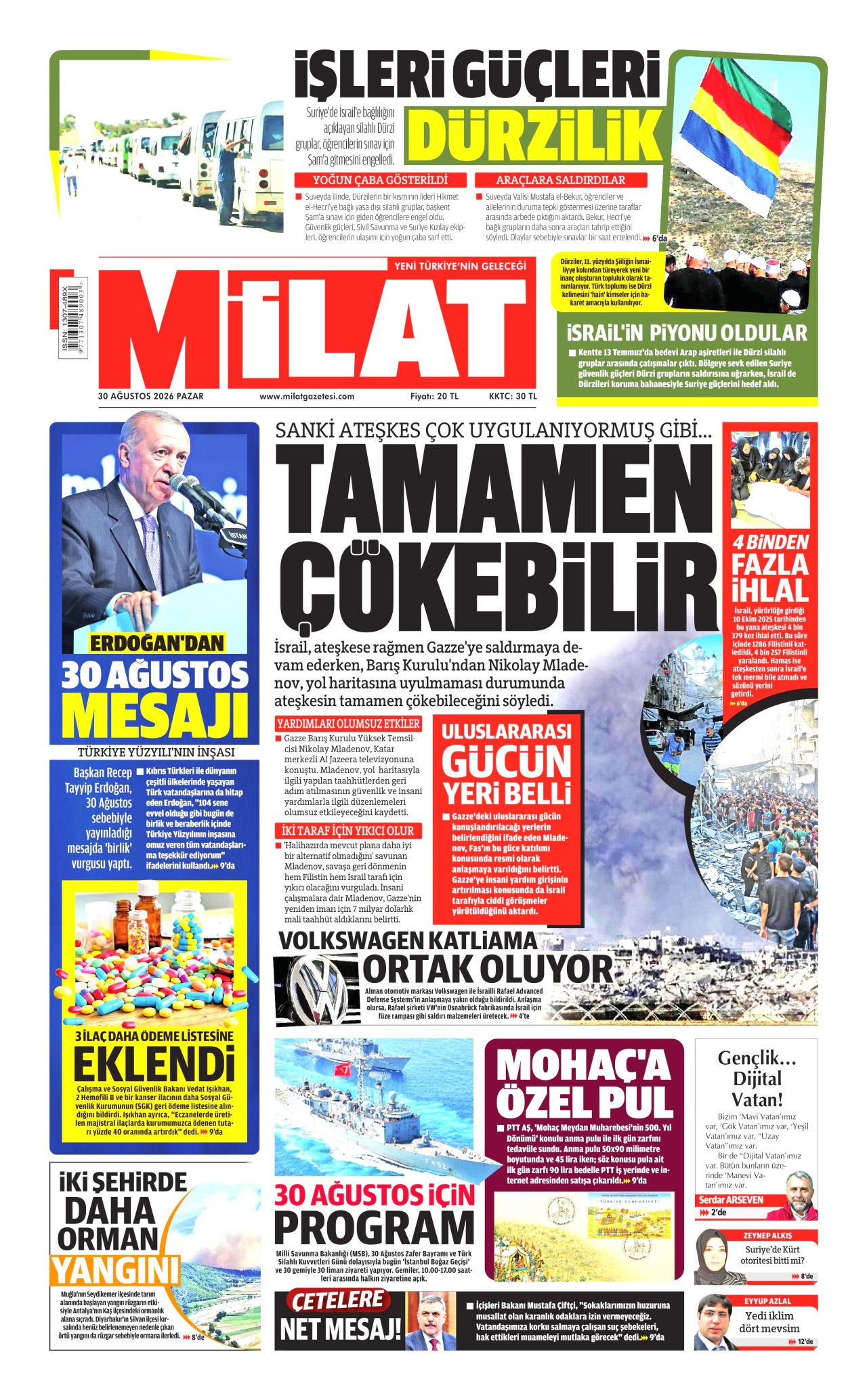 Milat Gazetesi Manşeti - 30 Ağustos 2026 Birinci Sayfa