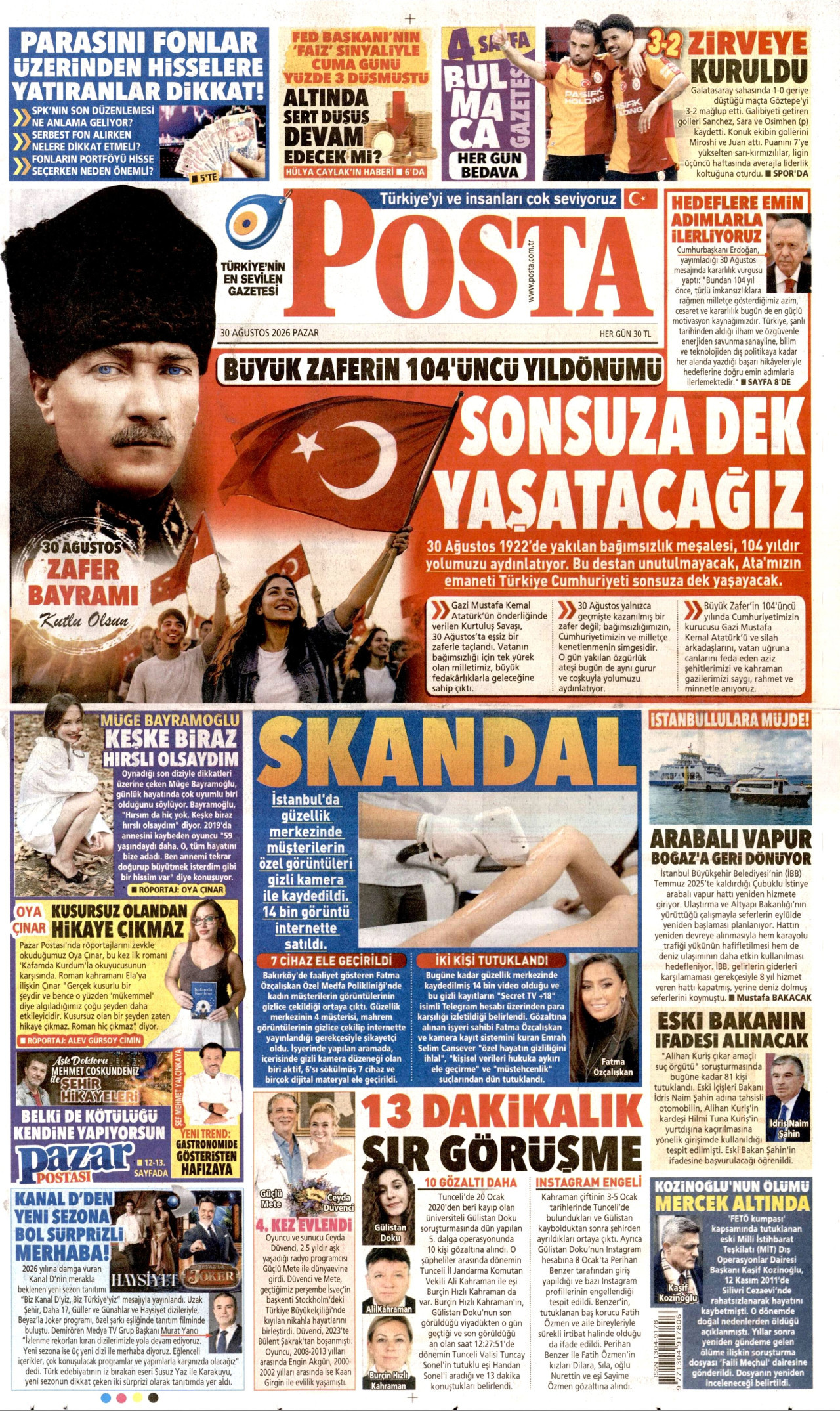 Posta Gazetesi Manşeti - 30 Ağustos 2026 Birinci Sayfa