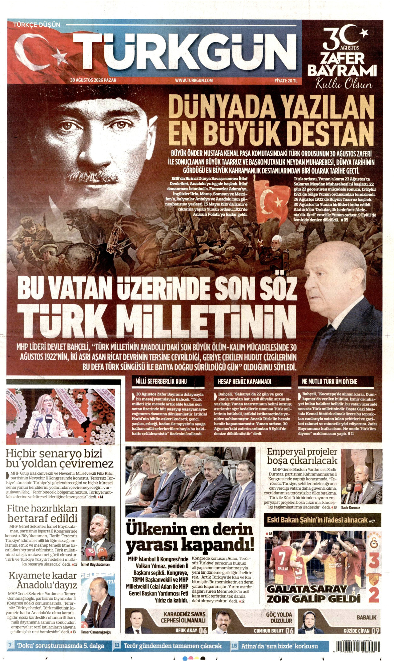 Türkgün Gazetesi Manşeti - 30 Ağustos 2026 Birinci Sayfa