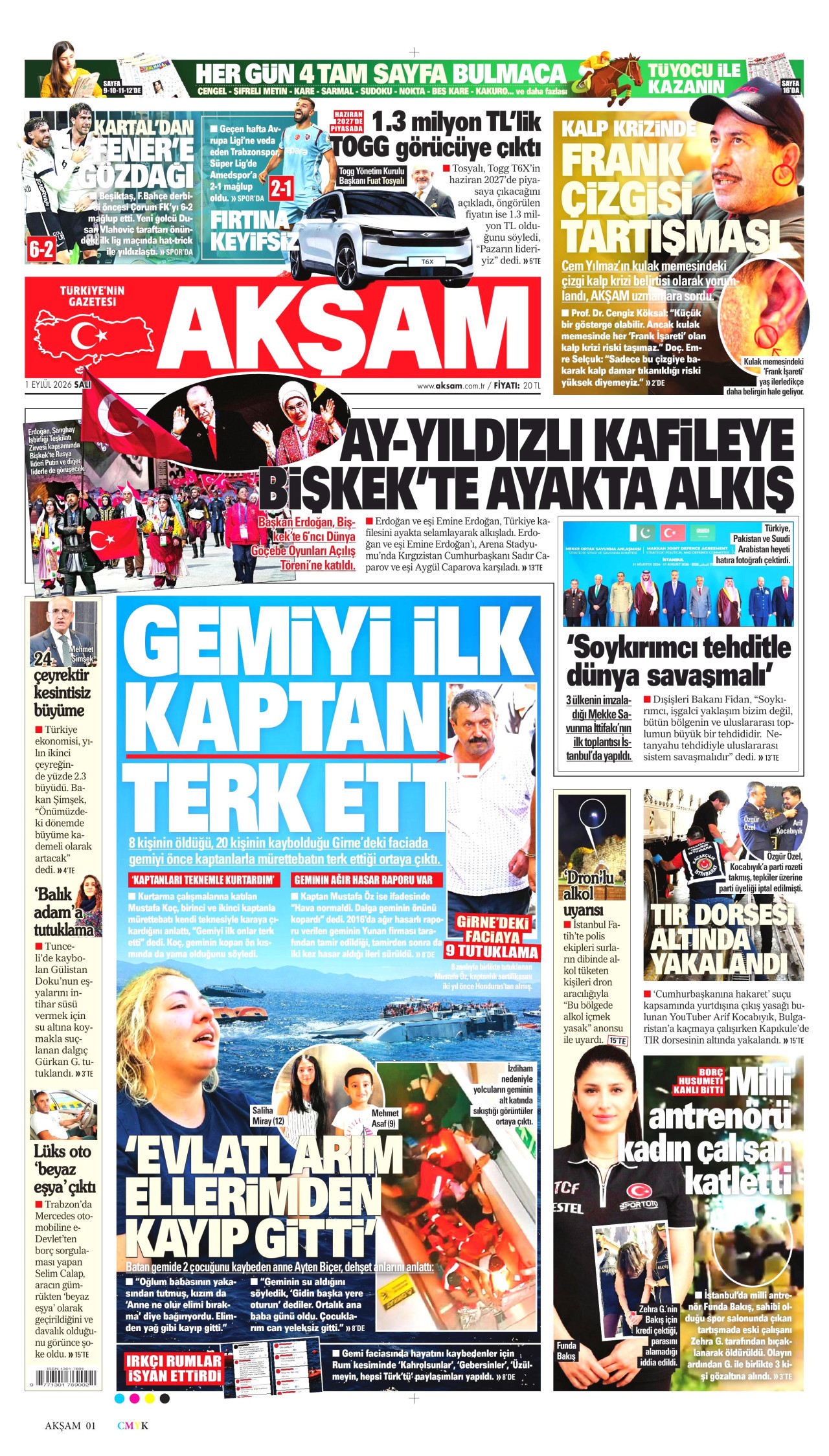 Akşam Gazetesi Manşeti - 1 Eylül 2026 Birinci Sayfa