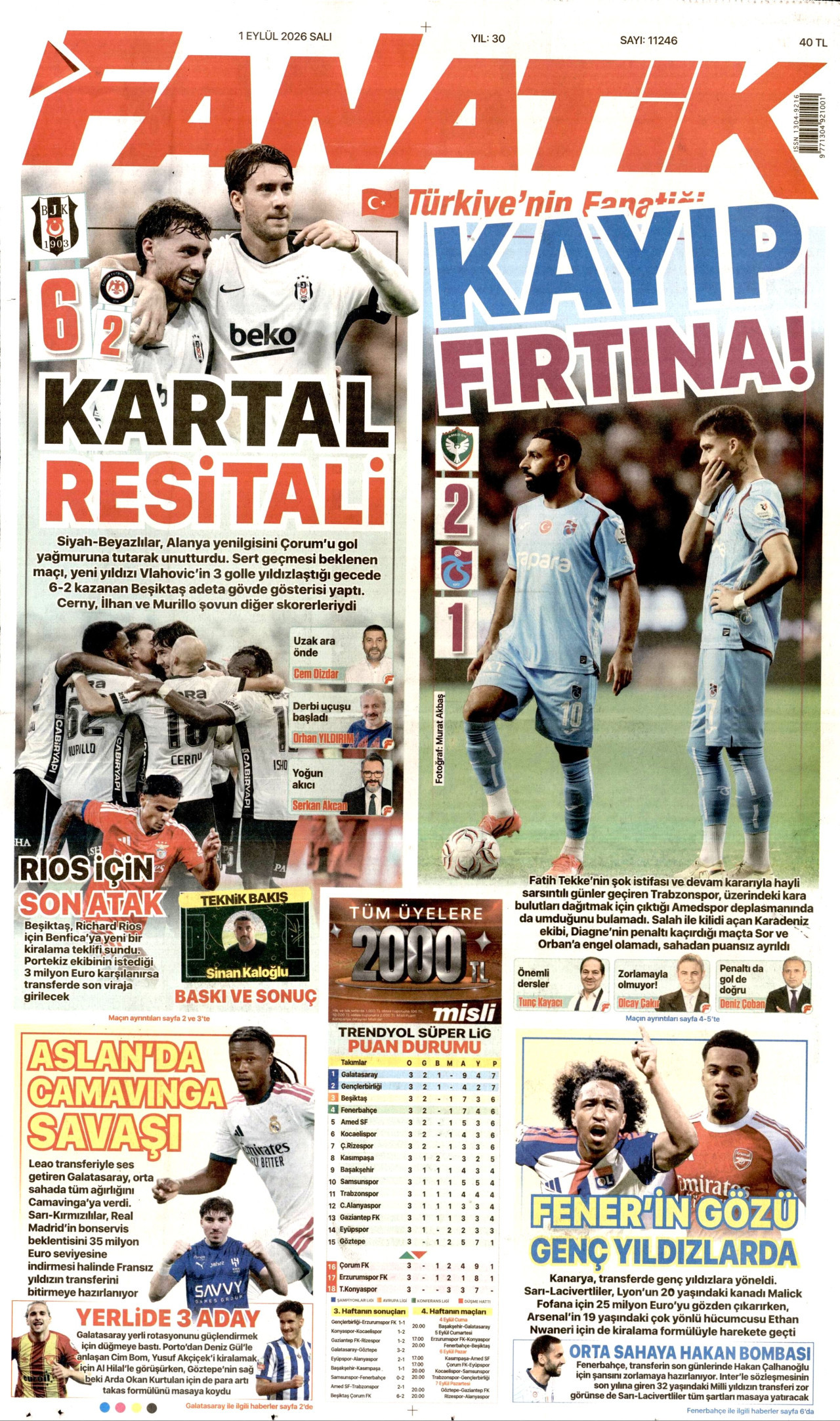 Fanatik Gazetesi Manşeti - 01.09.2026