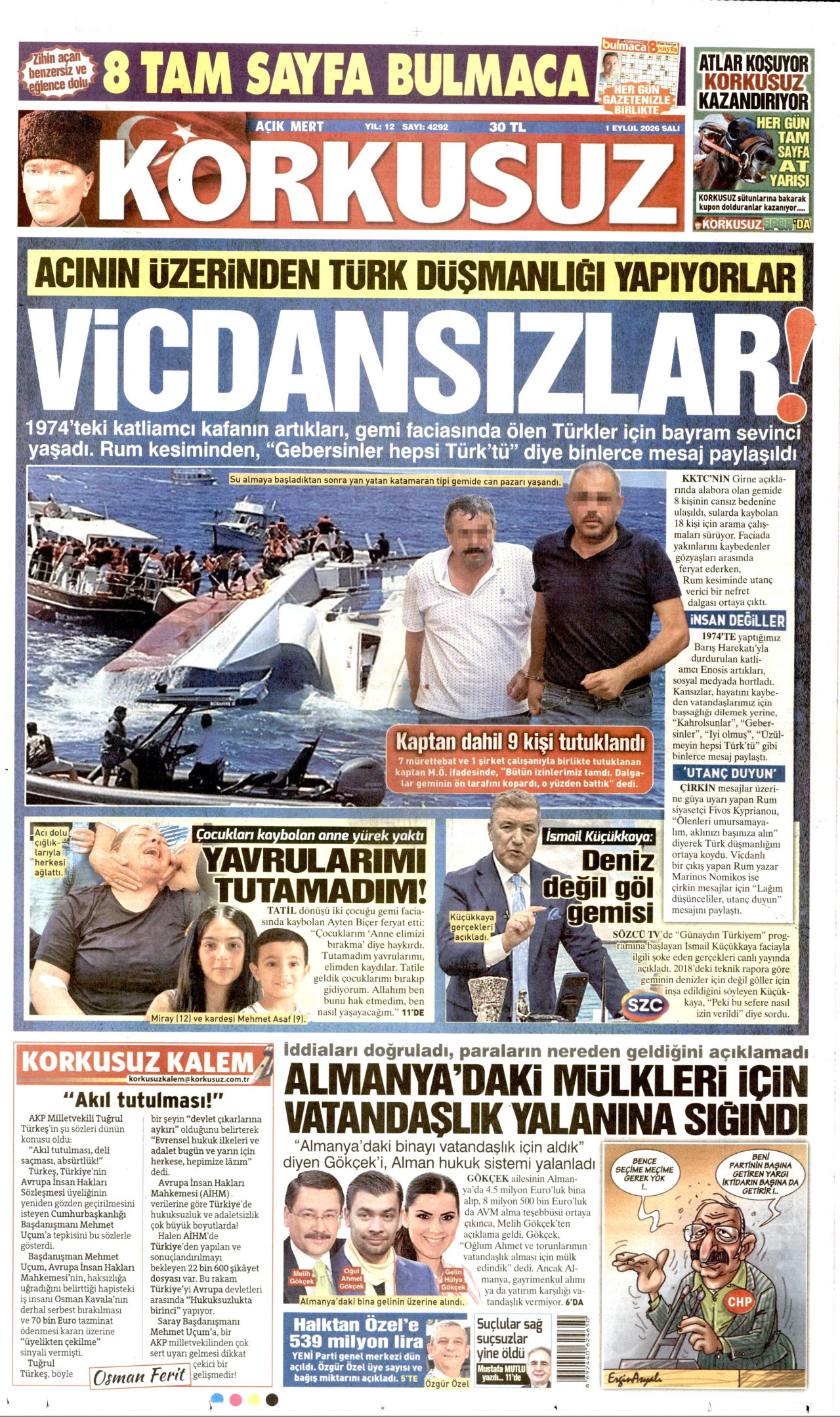 Korkusuz Gazetesi Manşeti - 7 Eylül 2026 Birinci Sayfa