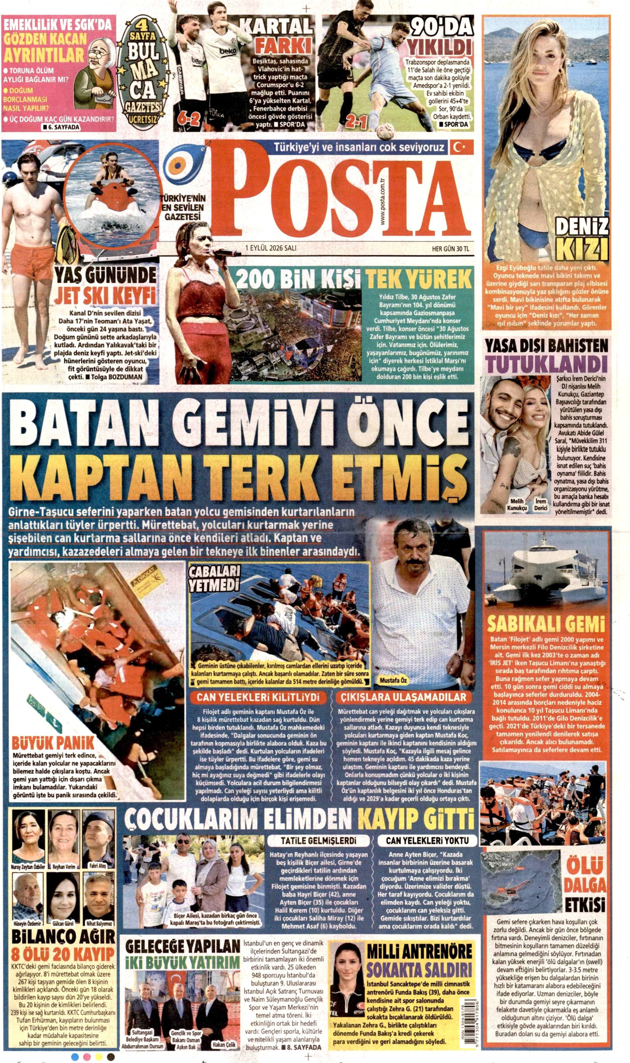 Posta Gazetesi Manşeti - 3 Eylül 2026 Birinci Sayfa