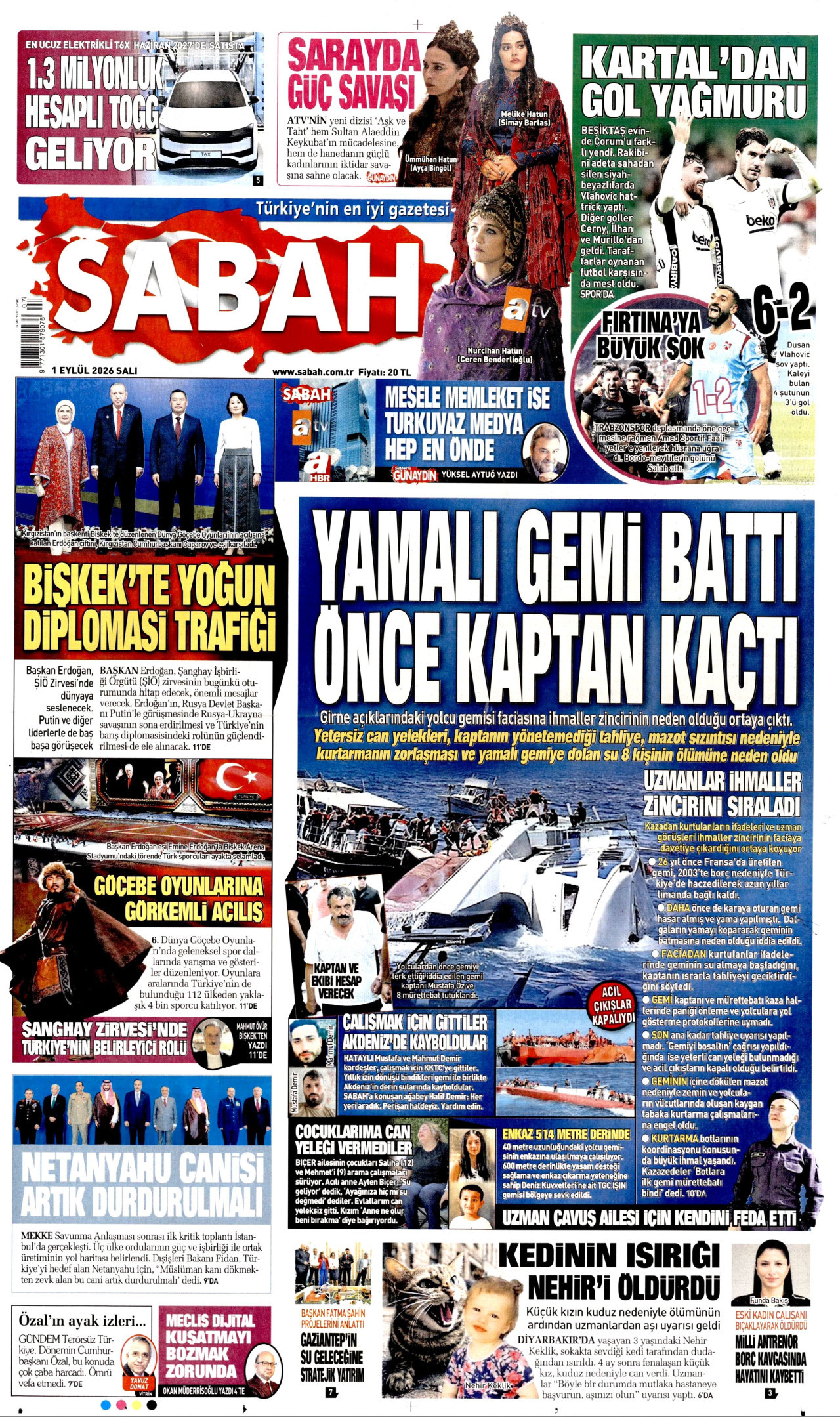 Sabah Gazetesi Manşeti - 1 Eylül 2026 Birinci Sayfa