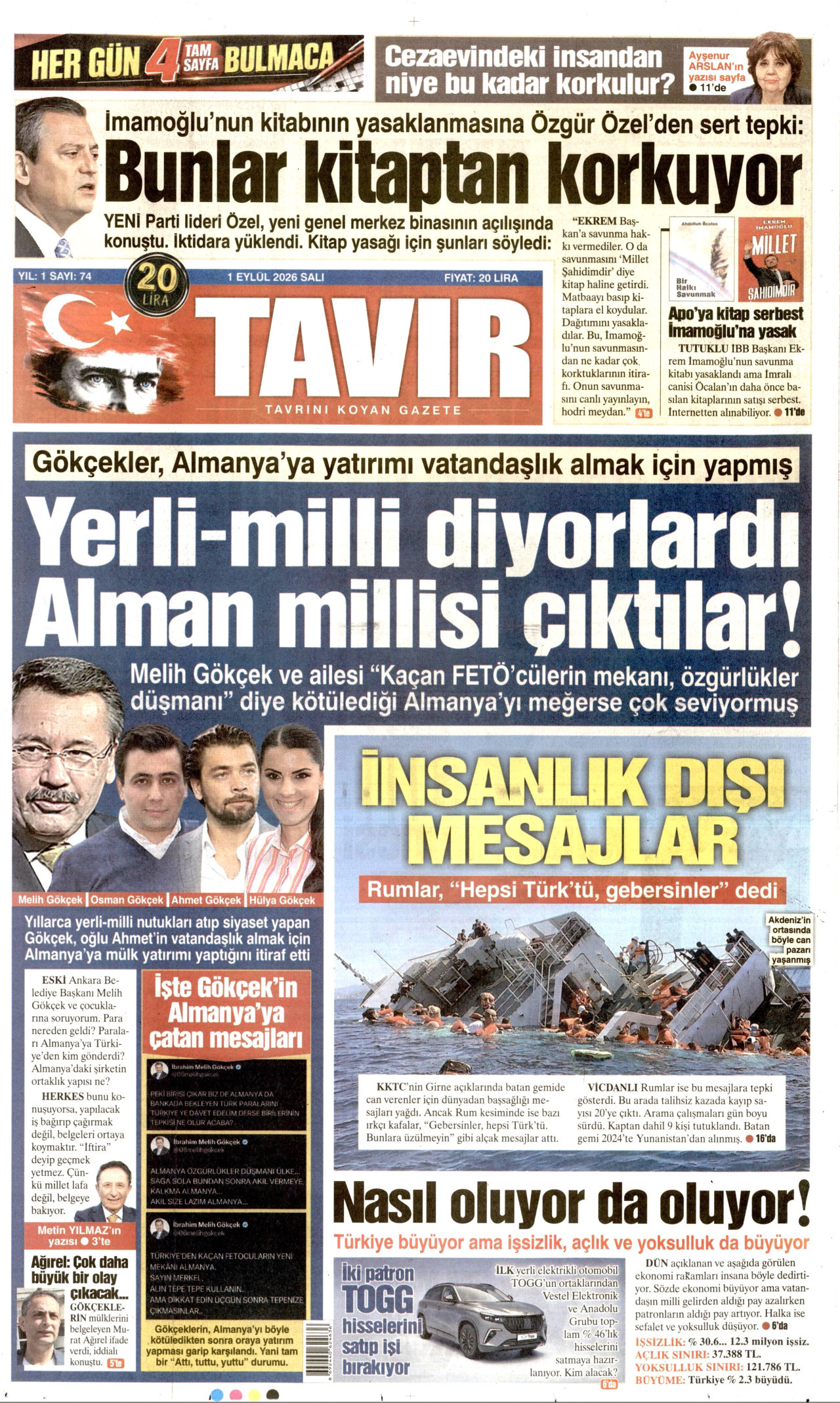 Tavır Gazetesi Gazetesi Manşeti - 2 Eylül 2026 Birinci Sayfa