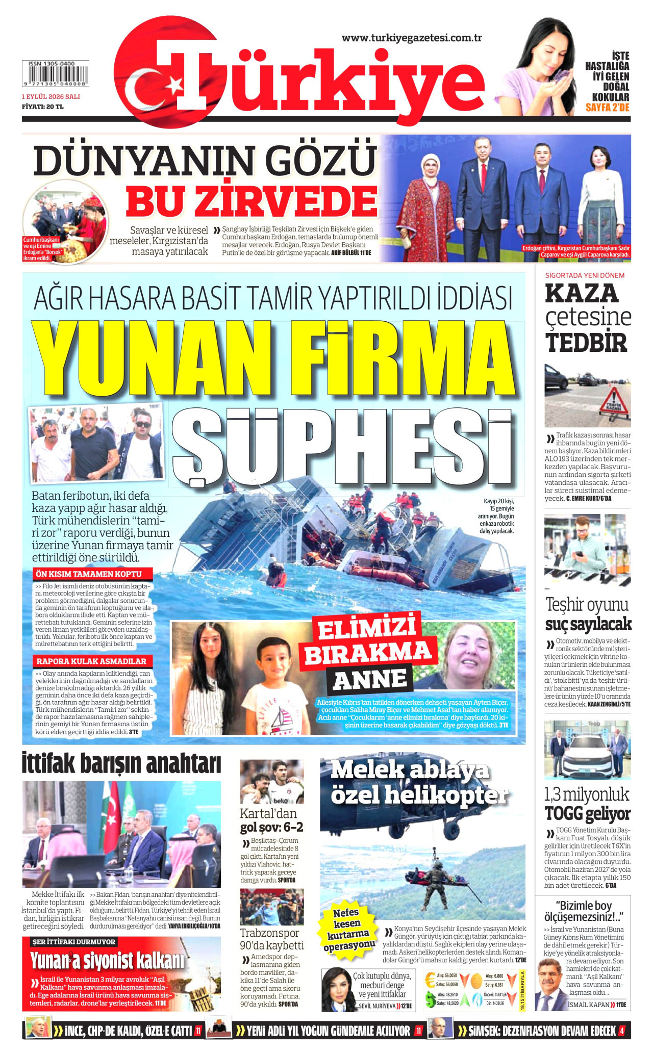 Türkiye Gazetesi Gazetesi Manşeti - 1 Eylül 2026 Birinci Sayfa