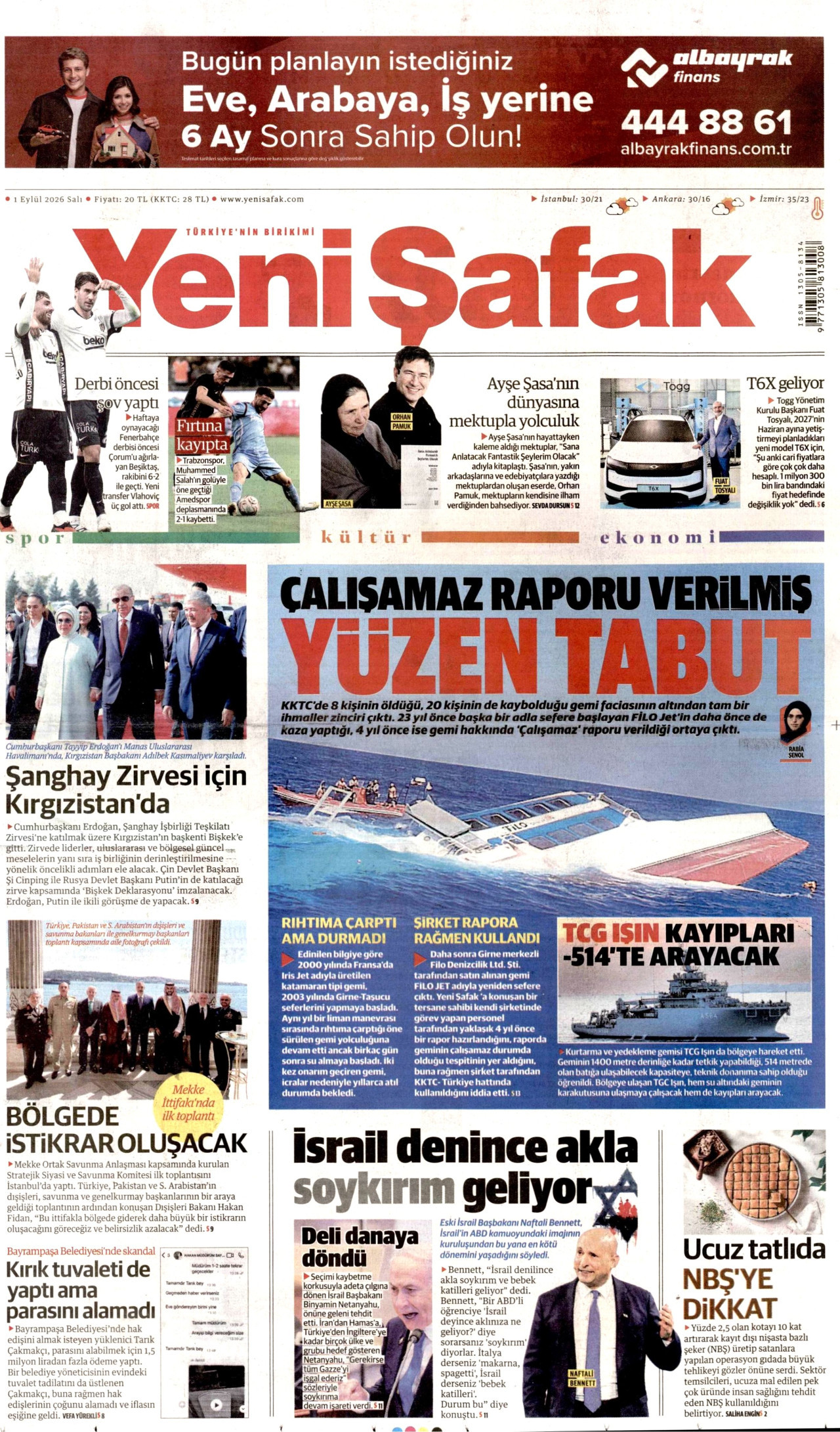 Yeni Şafak Gazetesi Manşeti - 1 Eylül 2026 Birinci Sayfa