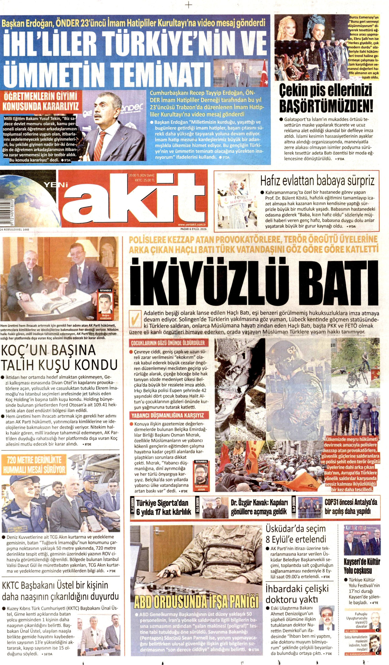 Yeni Akit Gazetesi Manşeti - 6 Eylül 2026 Birinci Sayfa