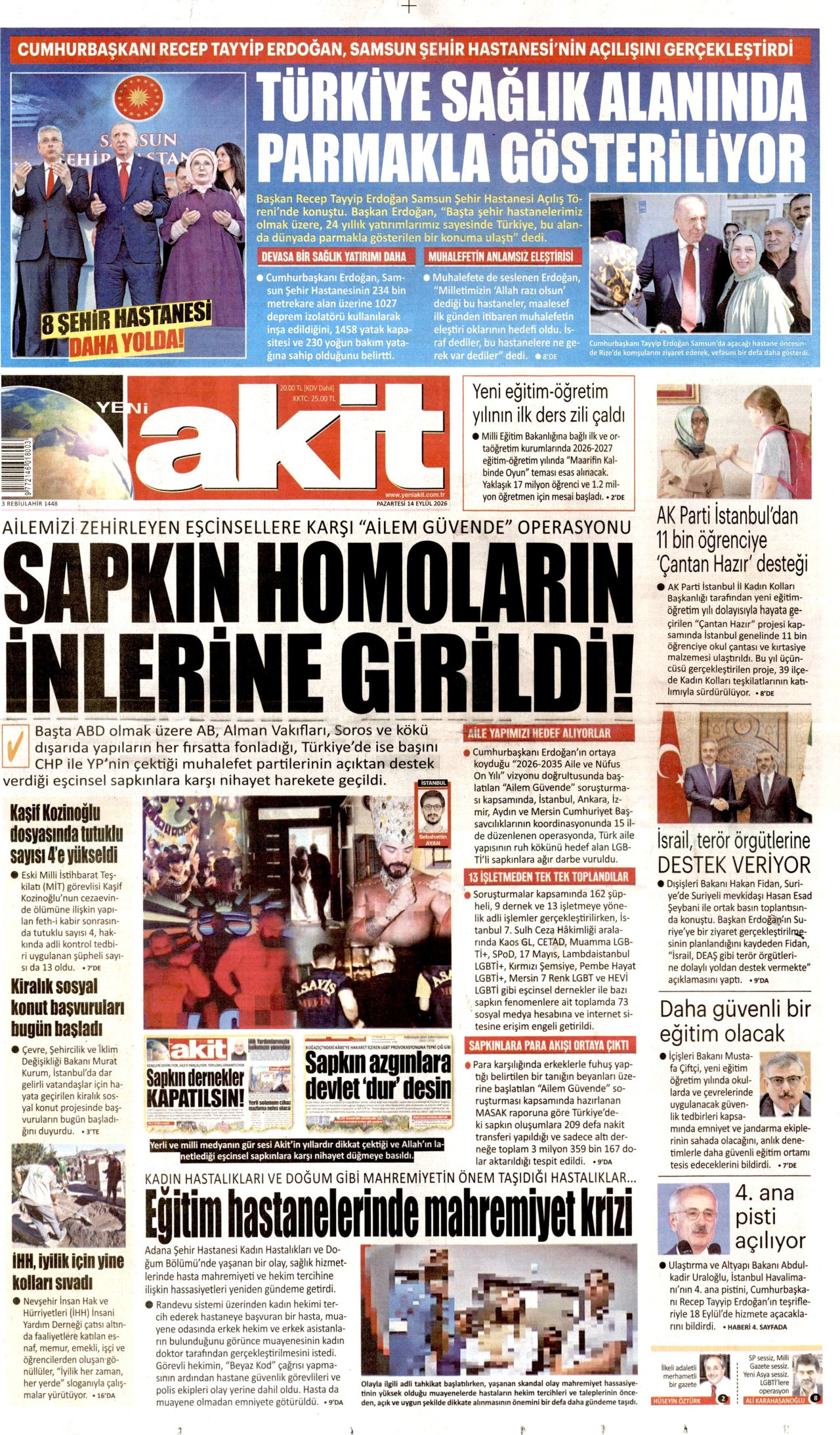 Yeni Akit Gazetesi Manşeti - 14 Eylül 2026 Birinci Sayfa