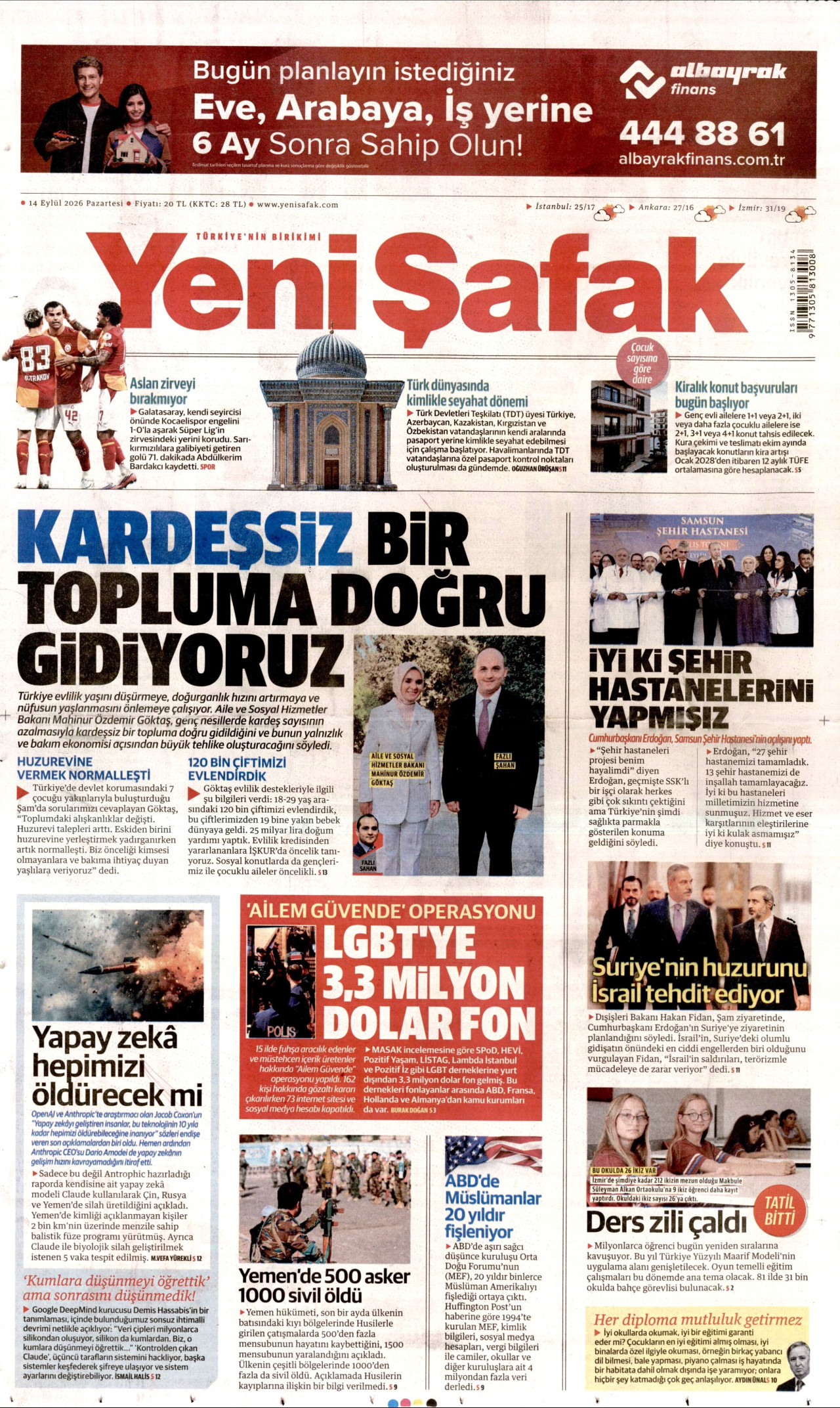 Yeni Şafak Gazetesi Manşeti - 14 Eylül 2026 Birinci Sayfa