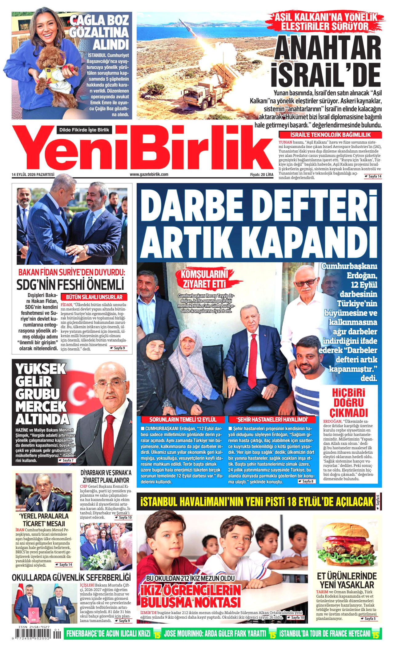 YeniBirlik Gazetesi Manşeti - 14.09.2026