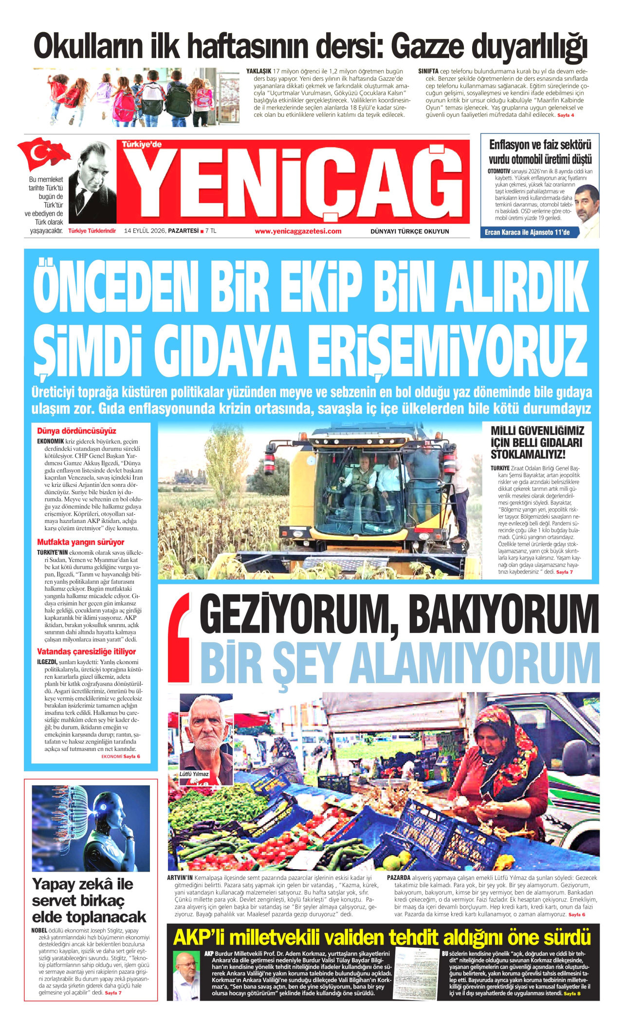 Yeniçağ Gazetesi Manşeti - 14.09.2026