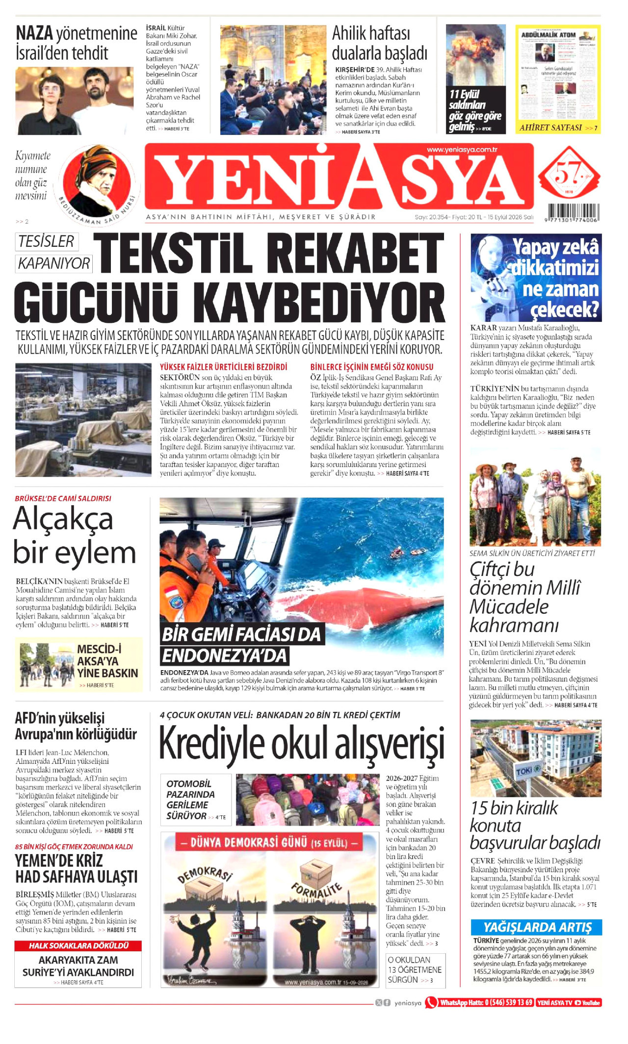 Yeni Asya Gazetesi Manşeti - 15 Eylül 2026 Birinci Sayfa