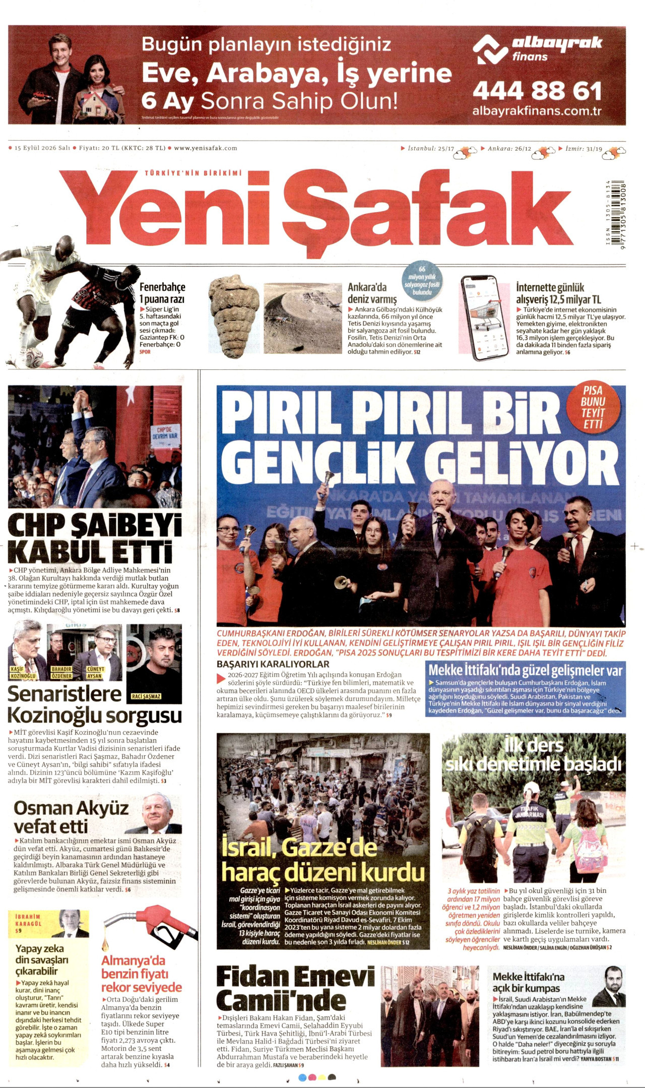 Yeni Şafak Gazetesi Manşeti - 15 Eylül 2026 Birinci Sayfa