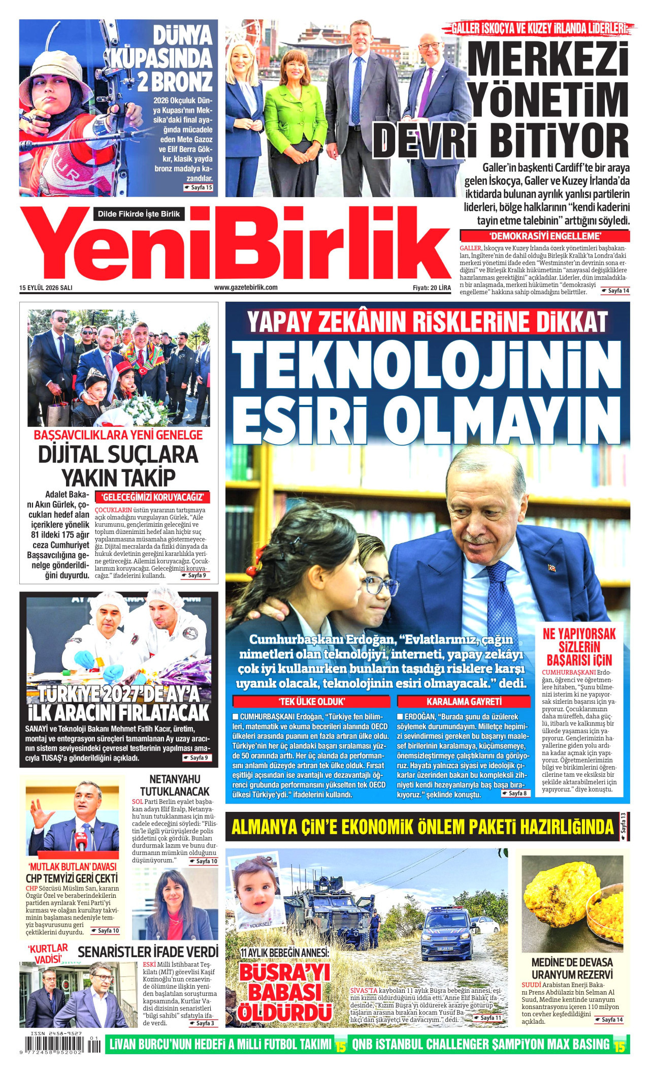 YeniBirlik Gazetesi Manşeti - 15.09.2026