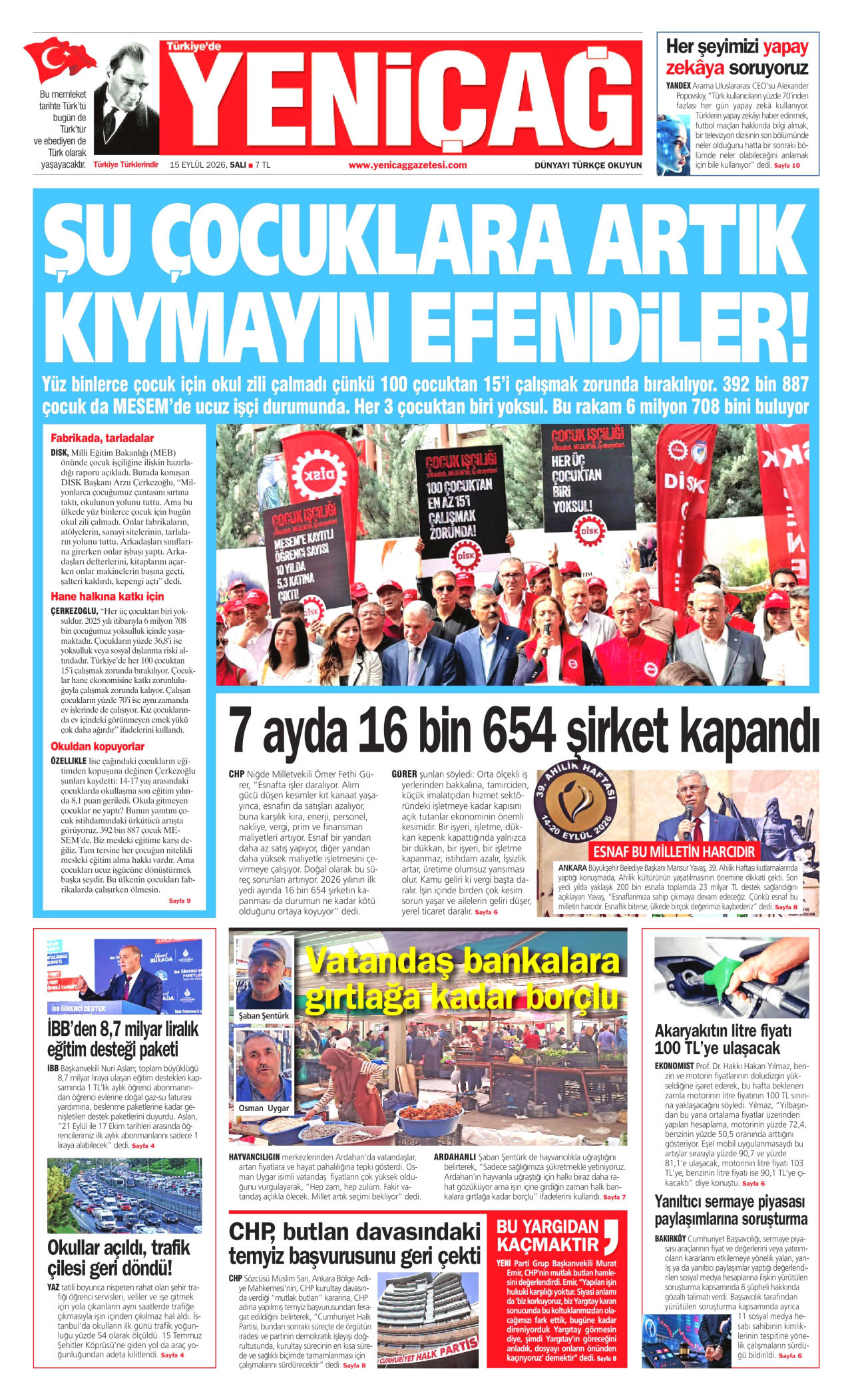 Yeniçağ Gazetesi Manşeti - 15.09.2026