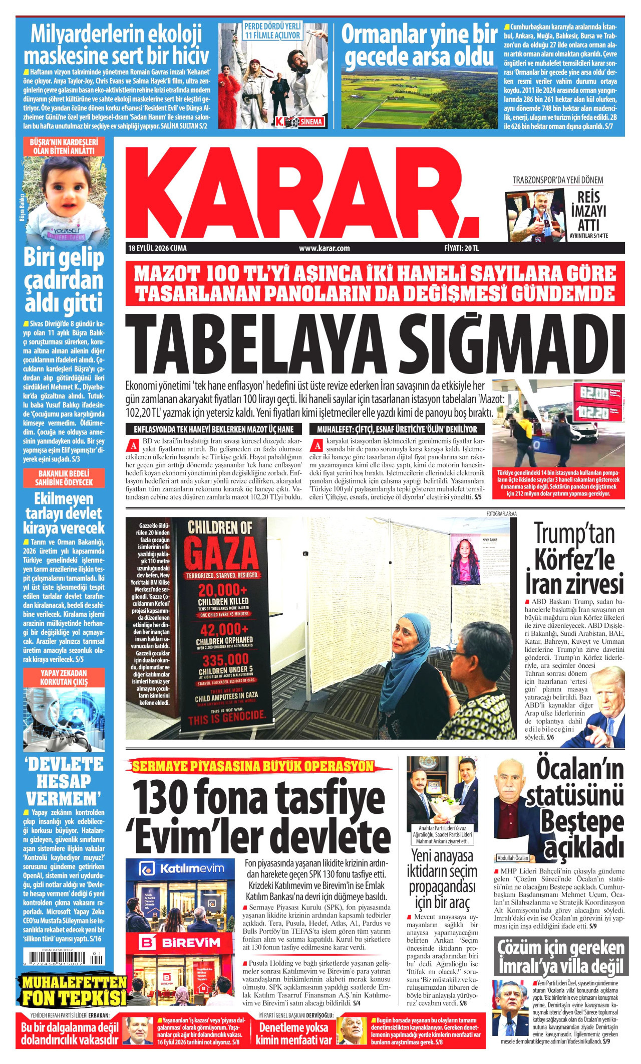 Karar Gazetesi Manşeti - 16 Eylül 2026 Birinci Sayfa