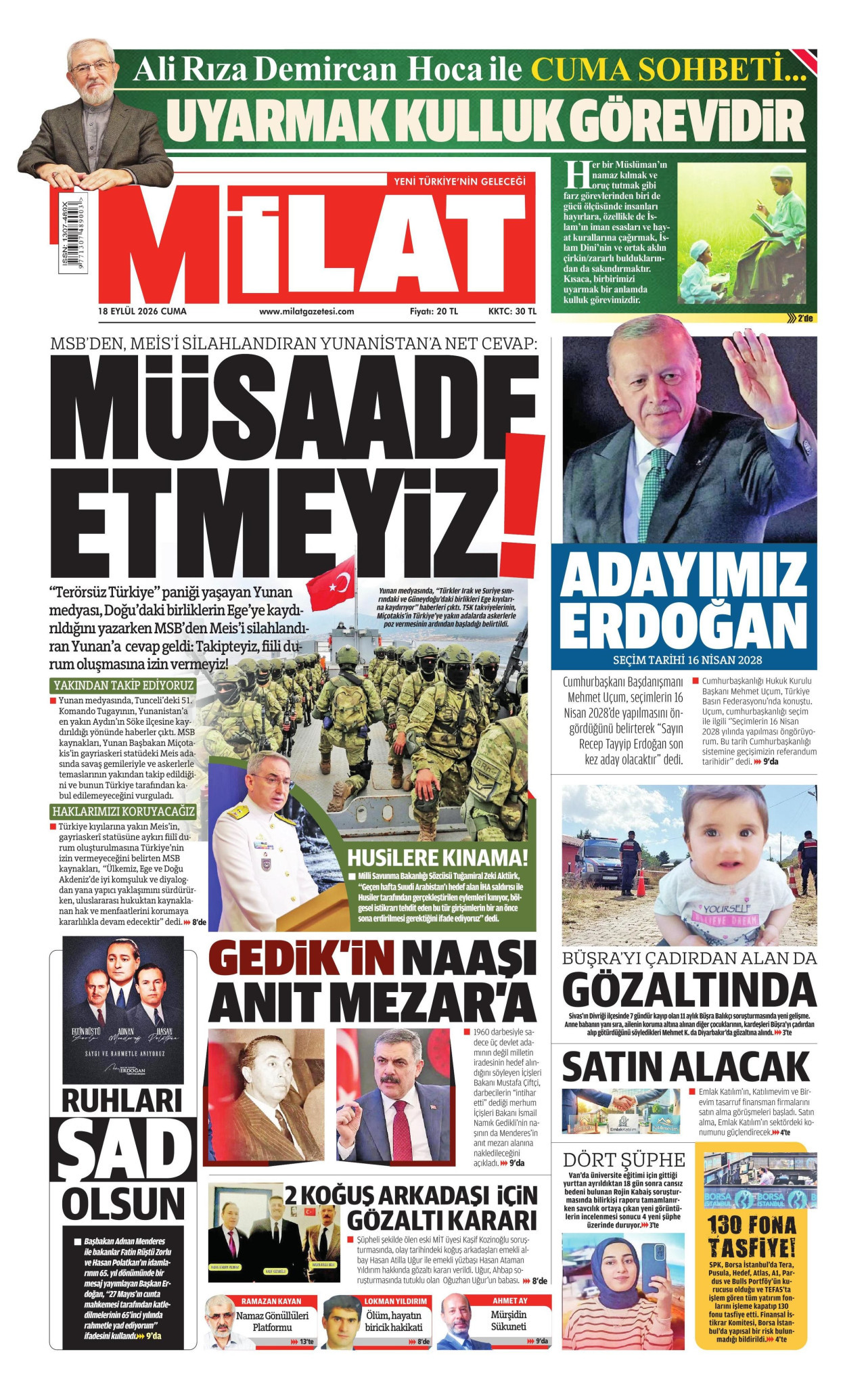 Milat Gazetesi Manşeti - 18 Eylül 2026 Birinci Sayfa