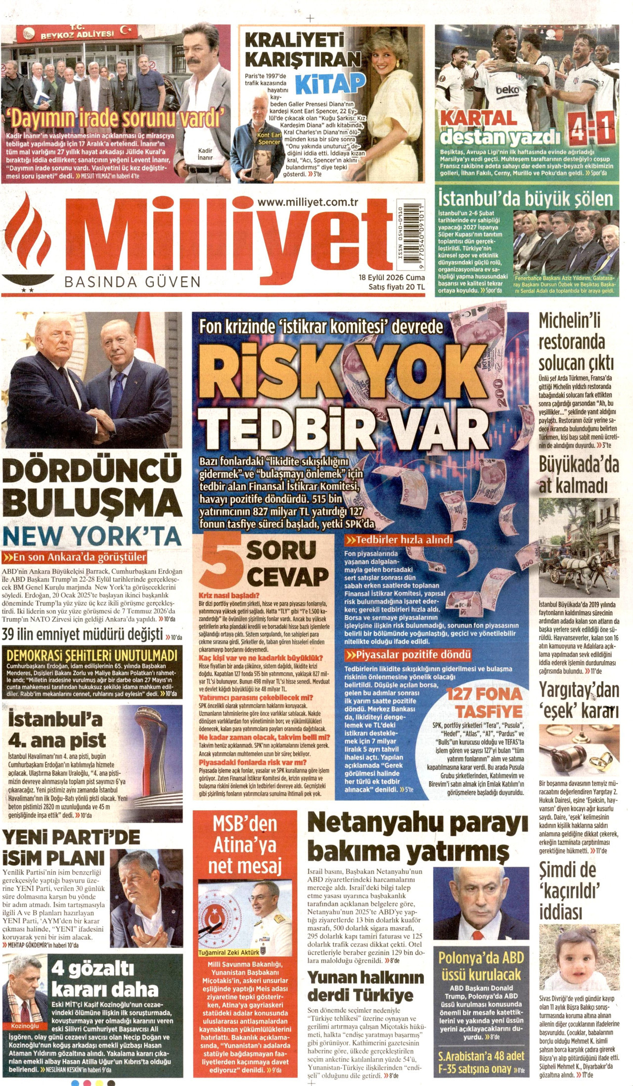 Milliyet Gazetesi Manşeti - 18 Eylül 2026 Birinci Sayfa