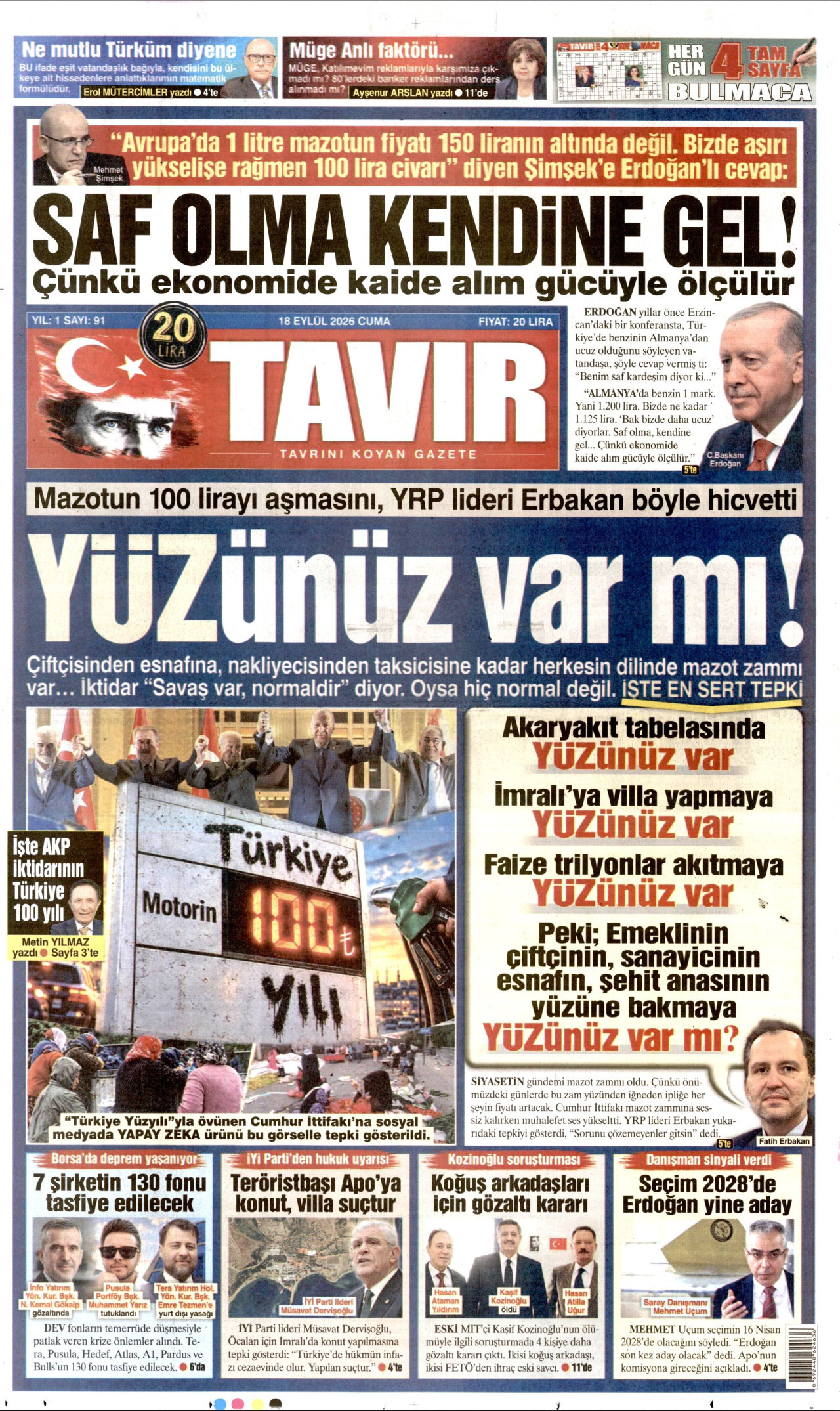 Tavır Gazetesi Gazetesi Manşeti - 18 Eylül 2026 Birinci Sayfa